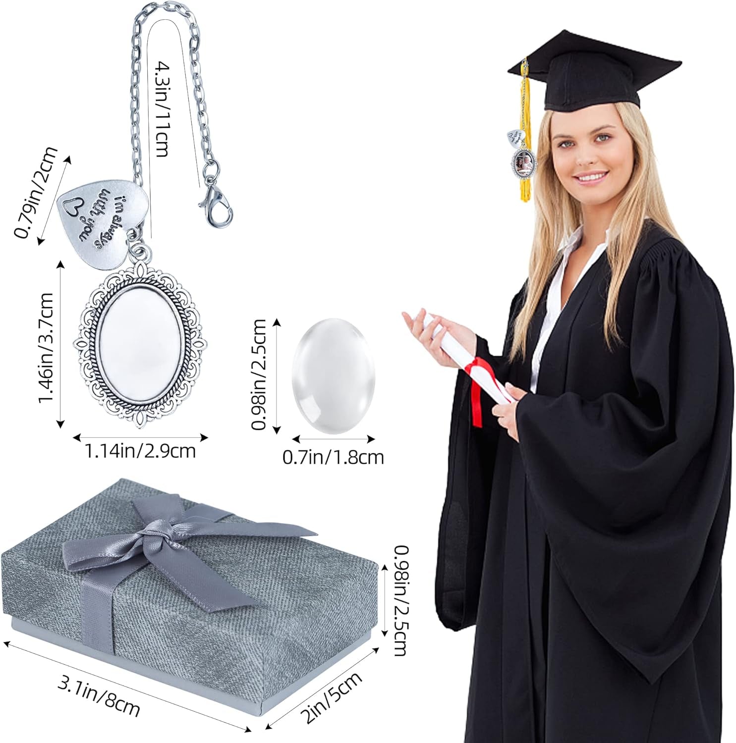 Class of 2024 Graduation Cap Photo Charm Antique Photo Charms I Always with You Memorial Ceremony College Gift DIY Grad Photo Chain with Glass Wear on Cap in Memory for Graduation