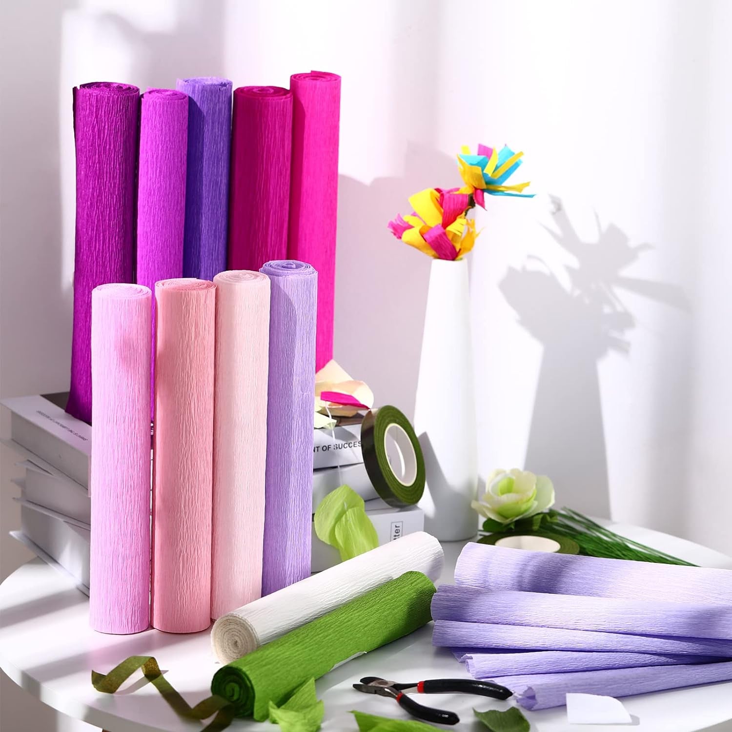12 Rolls 8 Feet Crepe Paper Sheets Rolls 10 Inch Crepe Paper Streamer 103 Pcs Floral Arrangement Kit Green Floral Tape Floral Wire Stems Wire Cutter for Wreath Flower Making(Elegant Colors)