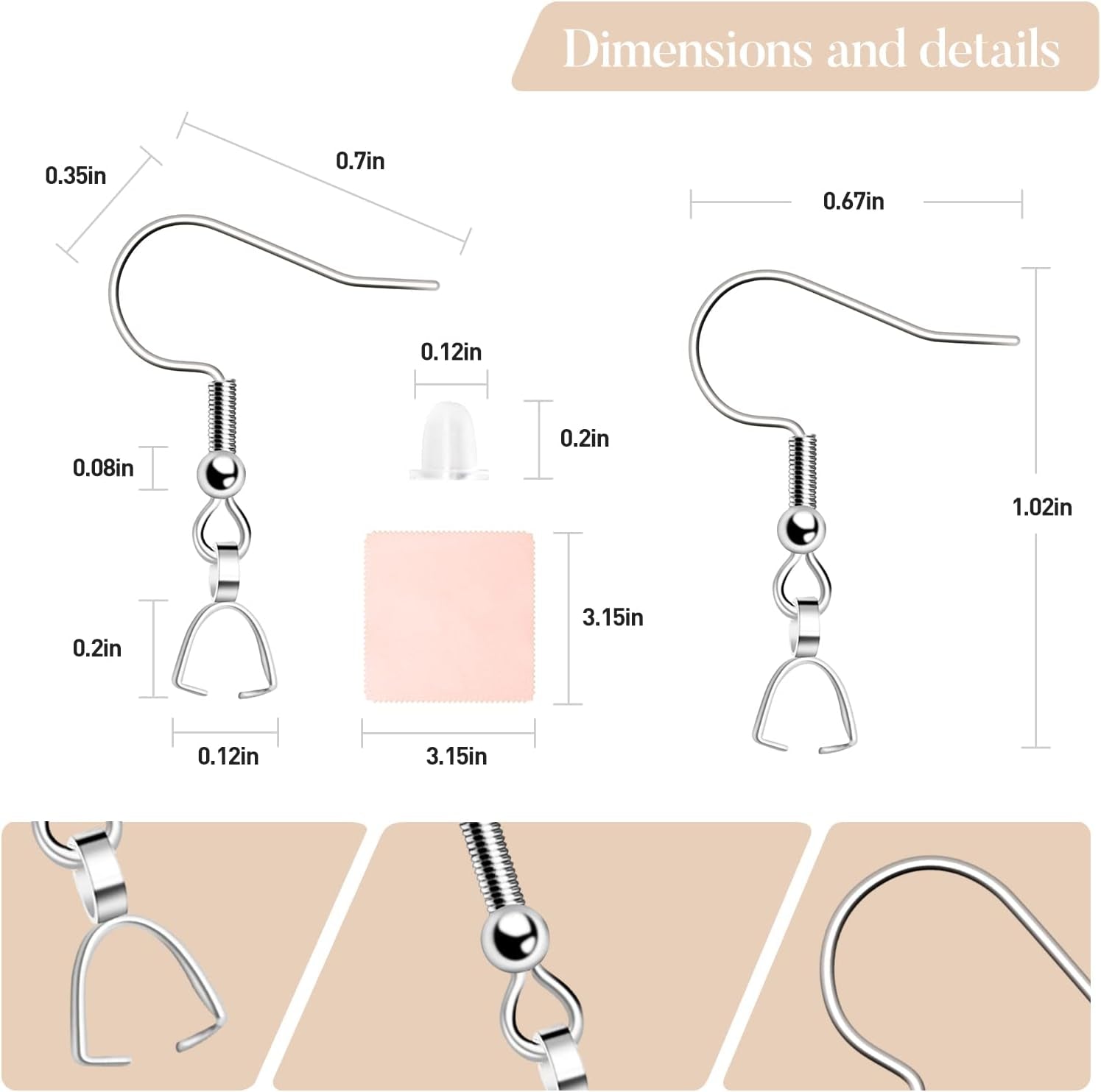 Stainless Steel Hypoallergenic Earring Hooks, 100 Pieces Earring Making Kit, Earring Hooks with Pendant Clasp, Silicone Ear Backs and Polishing Cloth for Earring Making DIY (Silver) (100)