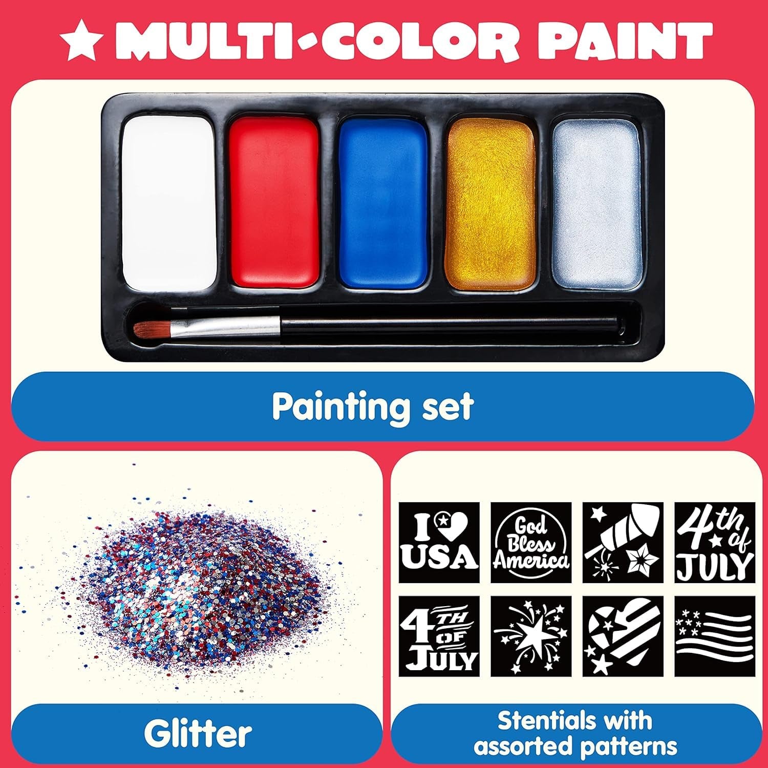 5 Colors Patriotic Face Paint Kit with Glitter and 16 Pcs Stencils Sticker for Kids, 4Th of July Face Paint Red White Blue Face Paint for Independence Day, Memorial Day Party, Veterans Day
