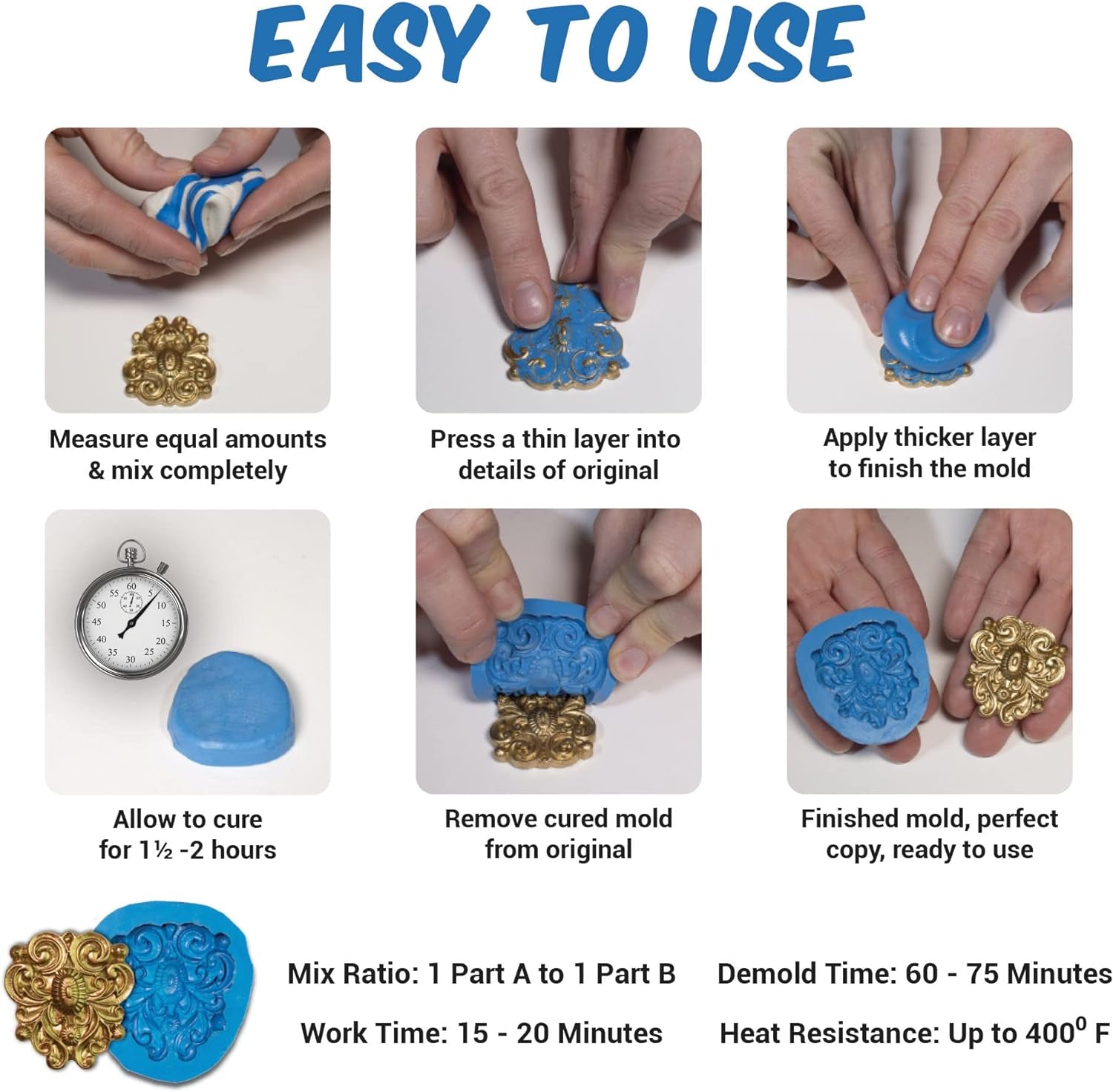 Silicone Plastique DIY Silicone Mold Making Kit, Super Easy 1:1 Mix Putty, 3/4 Lb, Makes Strong, Reusable Silicone Molds, Food Grade, Non-Toxic, for Chocolate, Candy, Fondant, Resin, Plaster, Soap