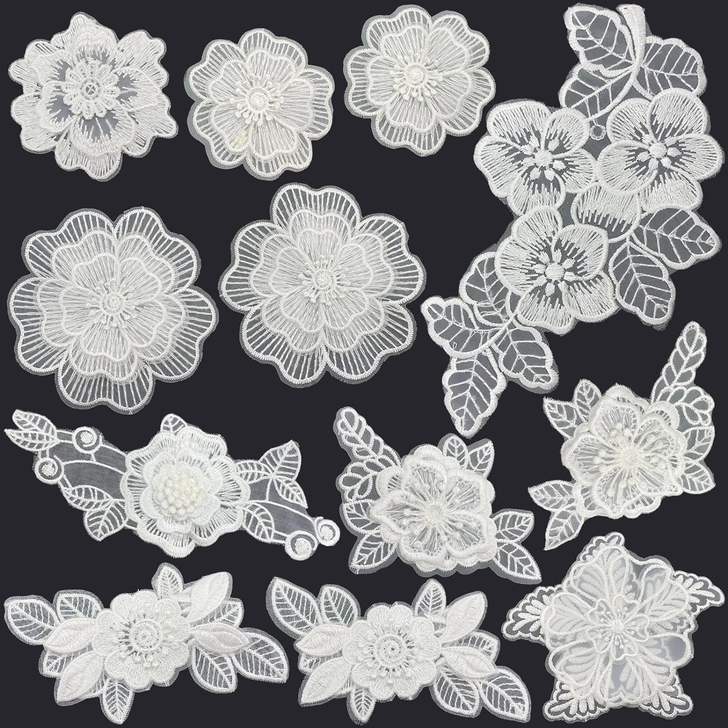12 Pieces Flower Lace Embroidered Applique 3D Floral Sew on Patches for Clothes Repairing Decorating Wedding Dress DIY Sewing Craft (White)
