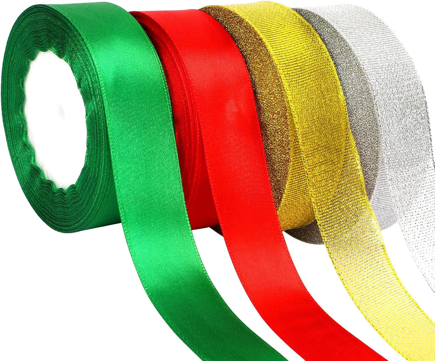 4 Rolls 100 Yards Christmas Ribbons 1Inch Wide Holiday Satin Ribbons Fabric for Gift Wrapping and DIY Craft, Red &amp; Green &amp; Gold &amp;White