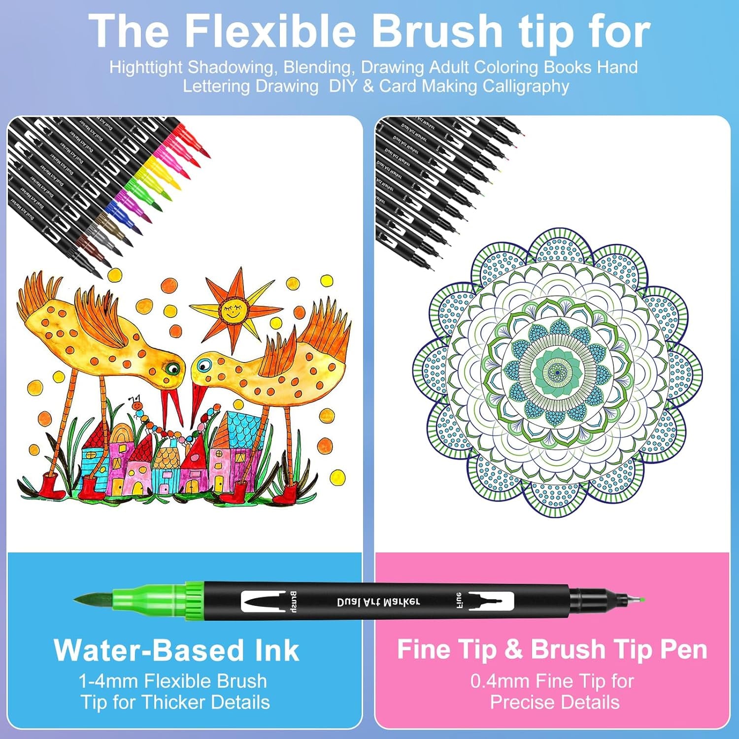 Double Tip Brush Pens Art Markers, 12 Fine Point Coloring Markers for Kids Adult Book Halloween Journaling Note Taking Lettering Calligraphy Drawing Art Craft Supplies Kit