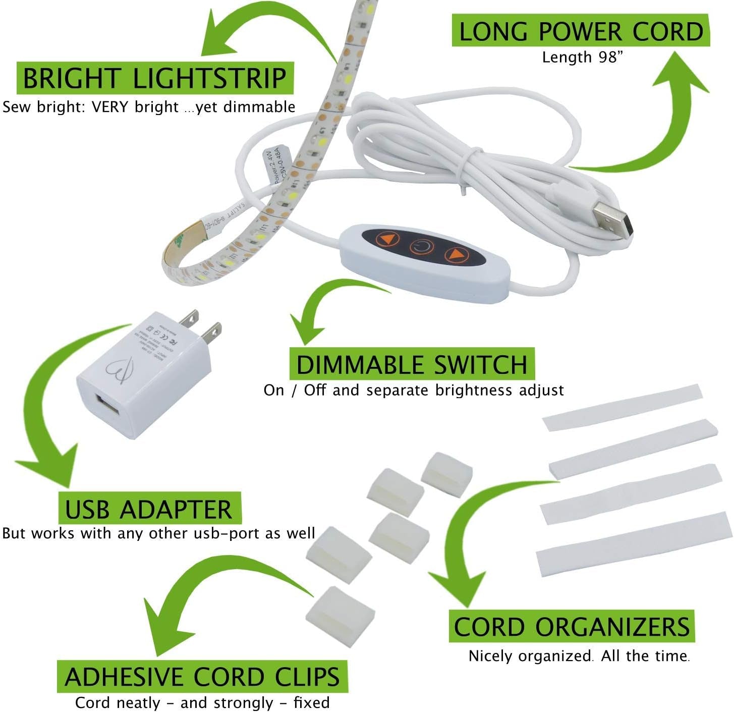Sewing Machine Light Strip | 12" USB LED Light Strip, Clean White Lights for Brother, Janome, Babylock, Pfaff | Dimmable, 98" Power Cord, and Clips Included