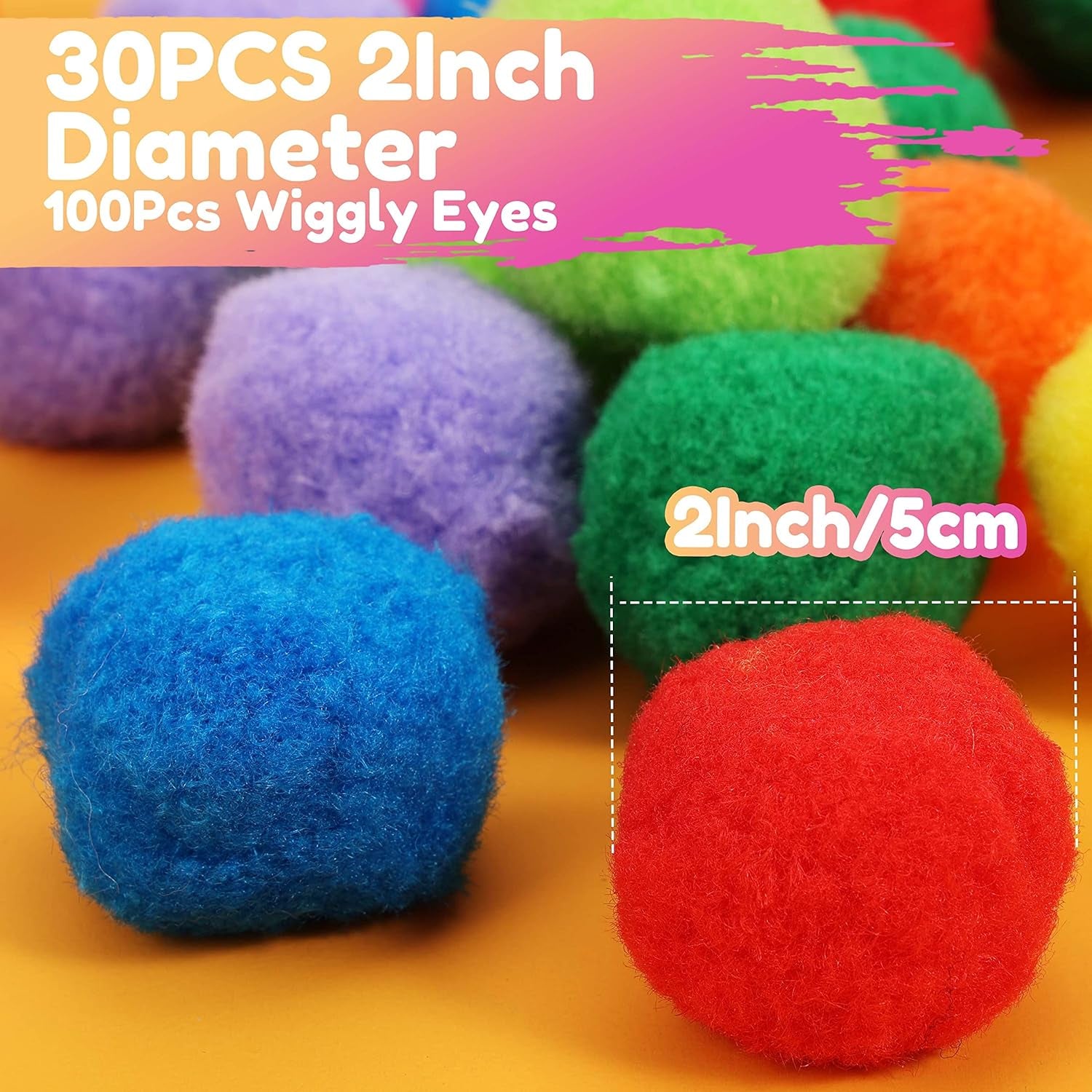 [130Pcs] 30Pcs 2 Inch Large Pom Poms with 100Pcs Wiggly Eyes, Multicolor Pom Poms for Arts and Crafts Kids DIY Projects