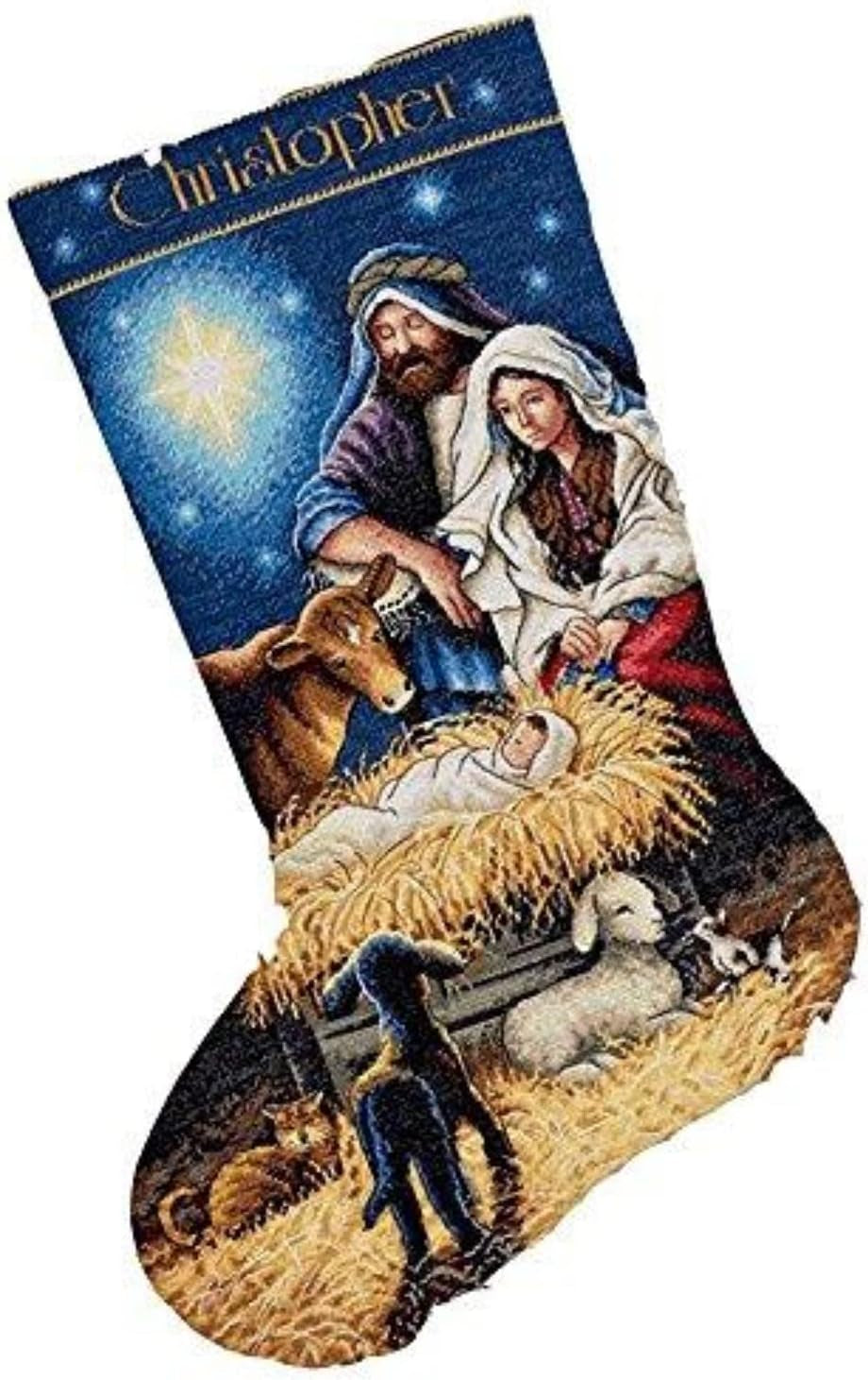 Gold Collection Counted Cross Stitch 'Holy Night' Personalized Christmas Stocking Kit, 18 Count Ivory Aida, 16"