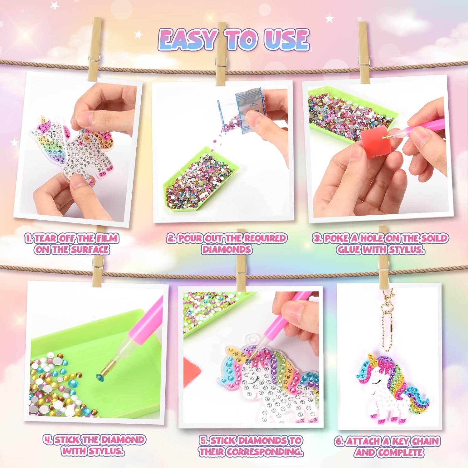 Toys for 4 5 6+ Year Old Girls, Unicorns Diamond Painting Kits for Kids Make Your Own GEM Keychains Arts and Crafts for Kids Age 4-12 Unicorns Birthday Gifts for 4-12 Year Old Girls Boys