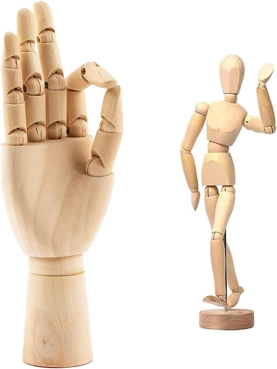 2-Pack 8" Artists Wooden Drawing Figure Mannequin Human People Dolls Figure Manikin Supplies Stop Motion Figure Kit Drawing Tools 12" Wooden Manican Fingers Left Hand for Drawing,Painting,Sketching