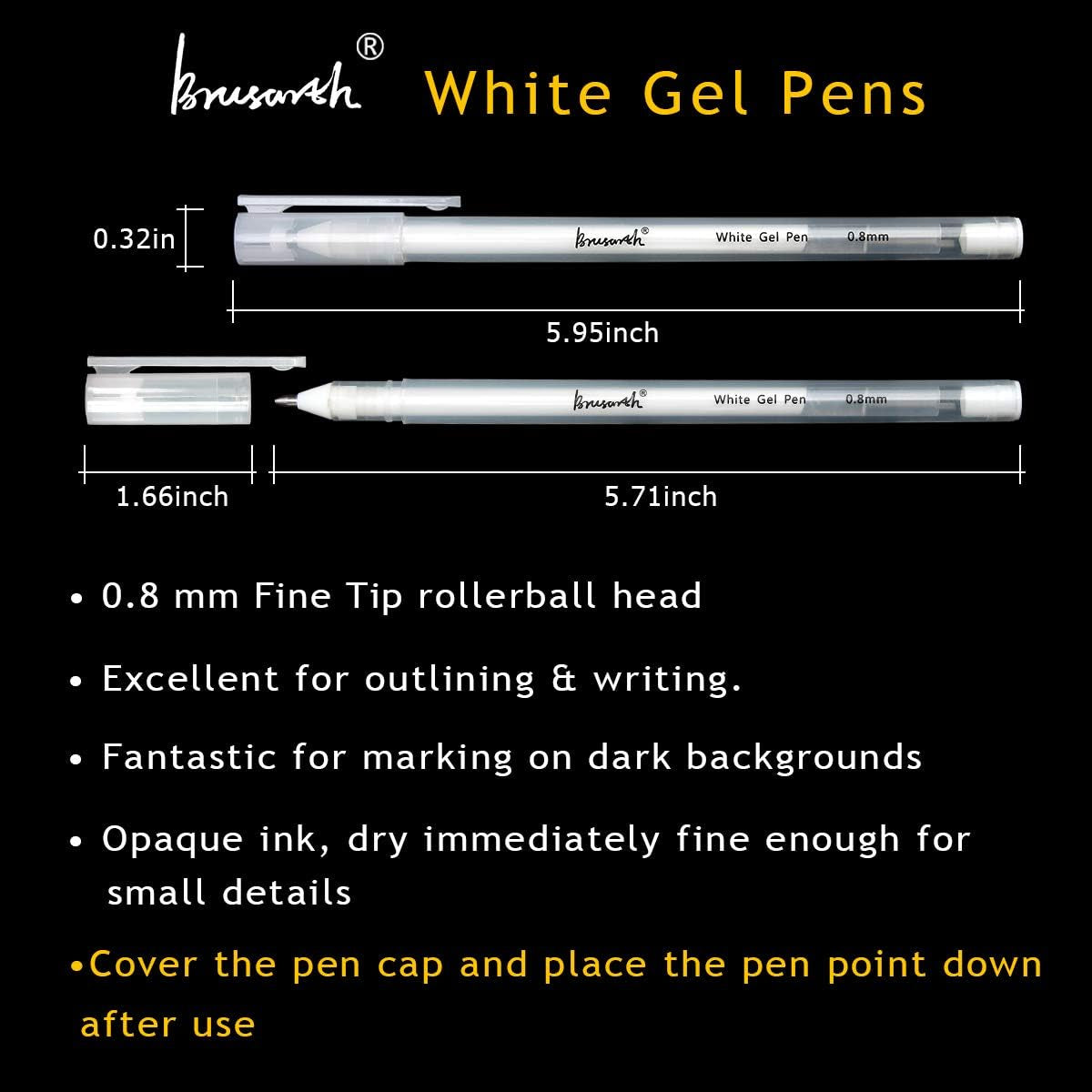 White Gel Pen Set - 0.8 Mm Extra Fine Point Pens Gel Ink Pens for Black Paper Drawing, Sketching, Illustration, Card Making, Bullet Journaling, Pack of 6