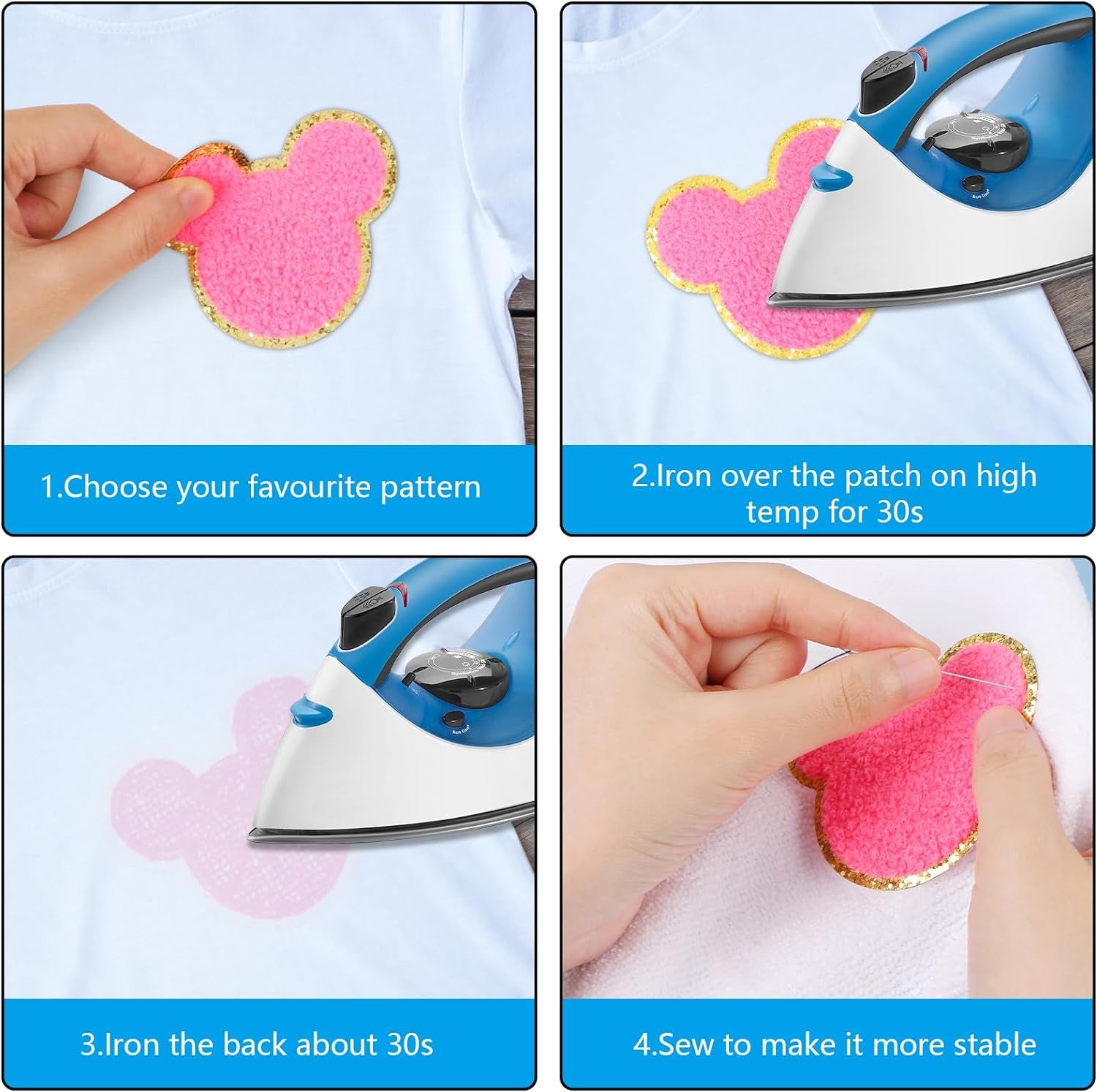 14 Pcs Chenille Mouse Patches,  Iron on Mouse Head Patches Cute Chenille Embroidered Applique Patch for Clothing Sew on Glitter Gold Trimmed Mouse Decorative Patch for DIY Decors