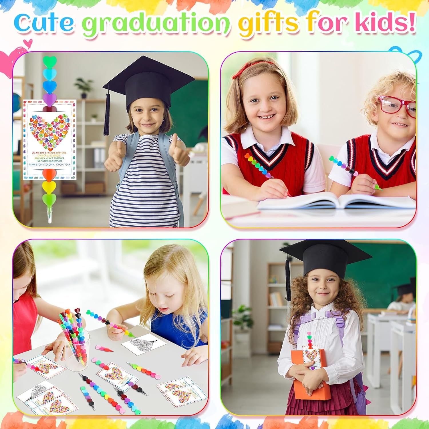 50 Sets End of Year Student Gift Stackable Crayons and Coloring Card Kindergarten Graduation Gift Bulk 2024 Congrats Grad Last Day of School Party Favor for Preschool Students(Heart)