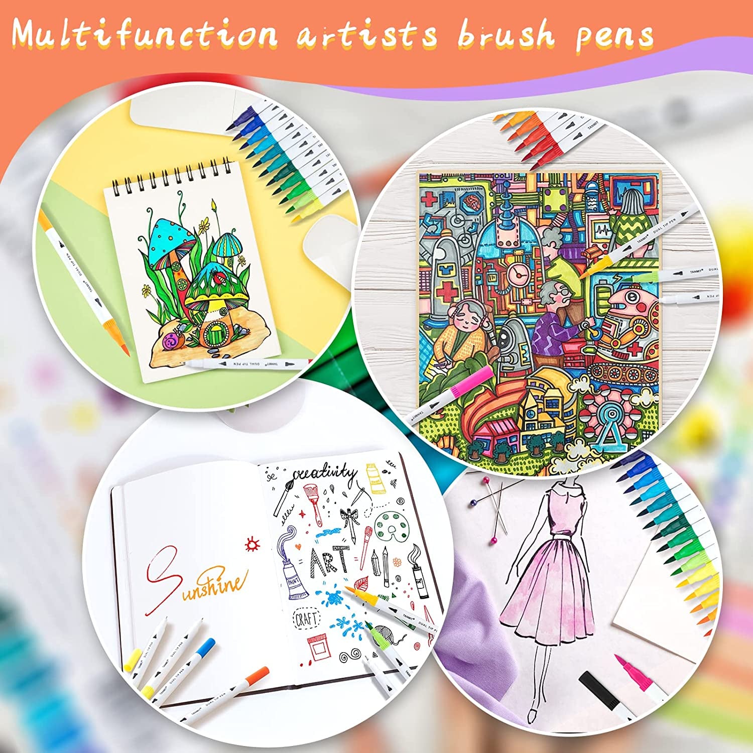 Dual Brush Marker Pens for Coloring Books,  Fine Tip Coloring Marker & Brush Pen Set for Journaling Note Taking Writing Planning Art Project