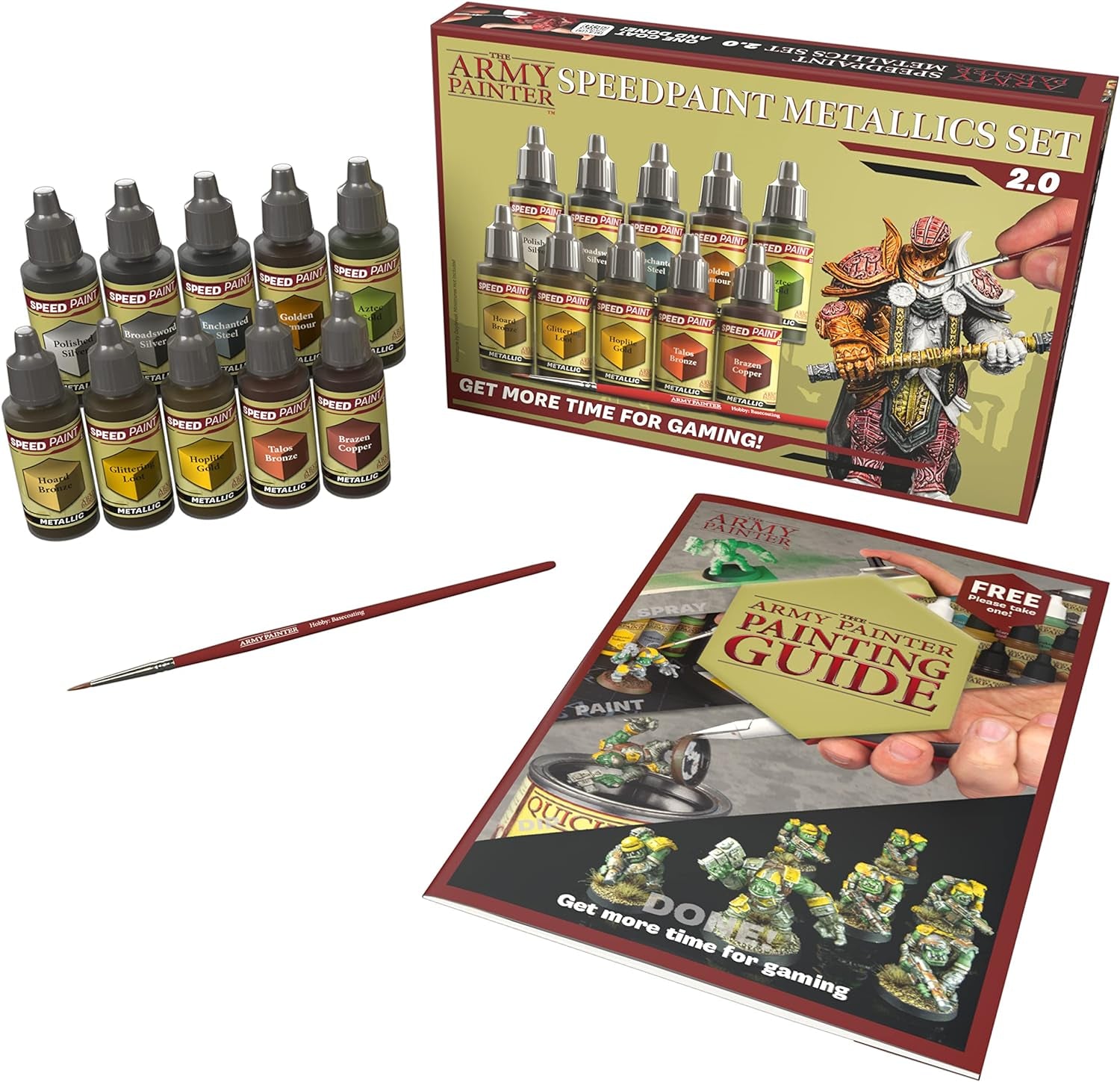 Speedpaint Metallics Set 2.0+ - 10 Speed Model Paint Kit - Pre-Loaded with Mixing Balls, 1 Basecoating Model Paint Brush, Army Painter Speed Paint Metallic Miniature Painting Kit