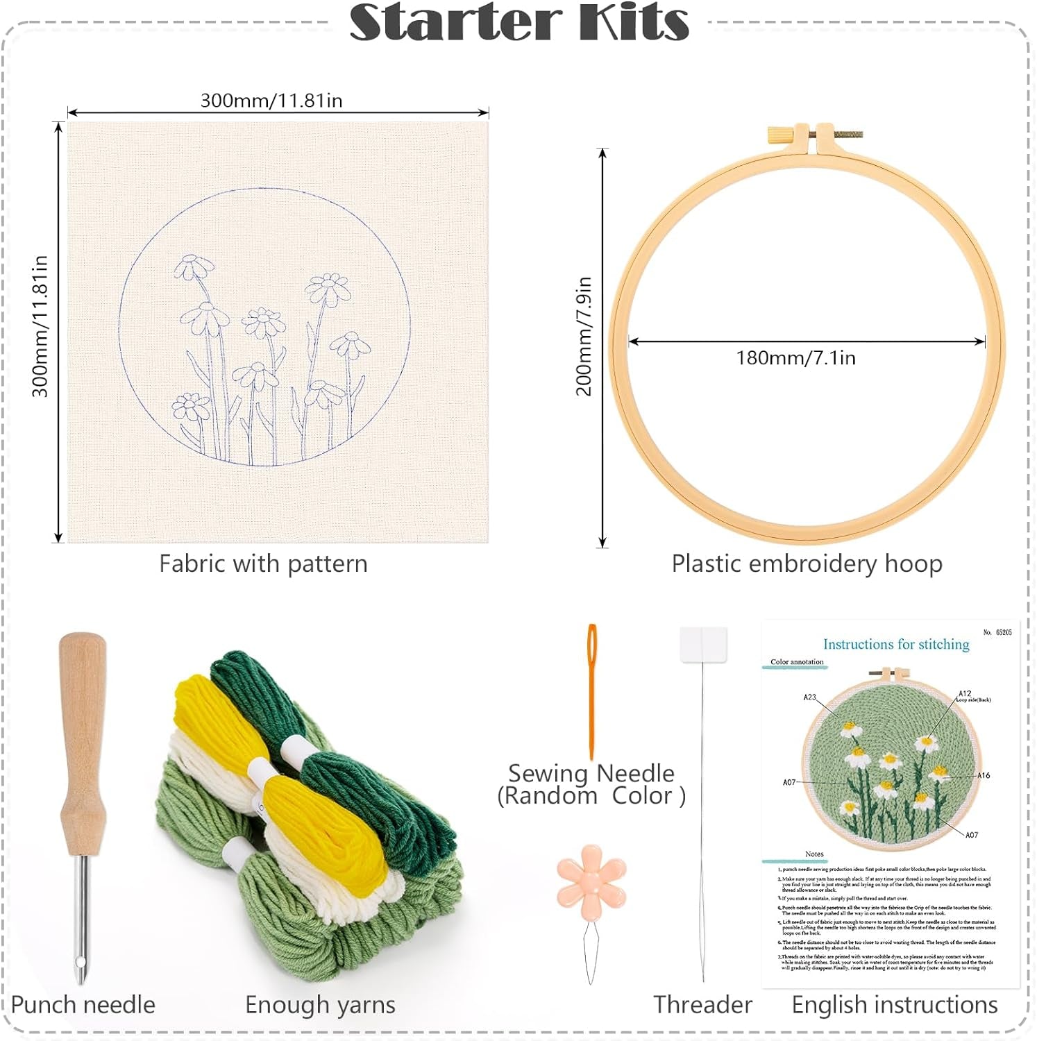 Punch Needle Embroidery Starter Kits,Rug Hooking Kit for Kids and Adults Beginners,Handcraft Punch Needle Kits with Embroidery Hoops,Flowers and Plants Pattern
