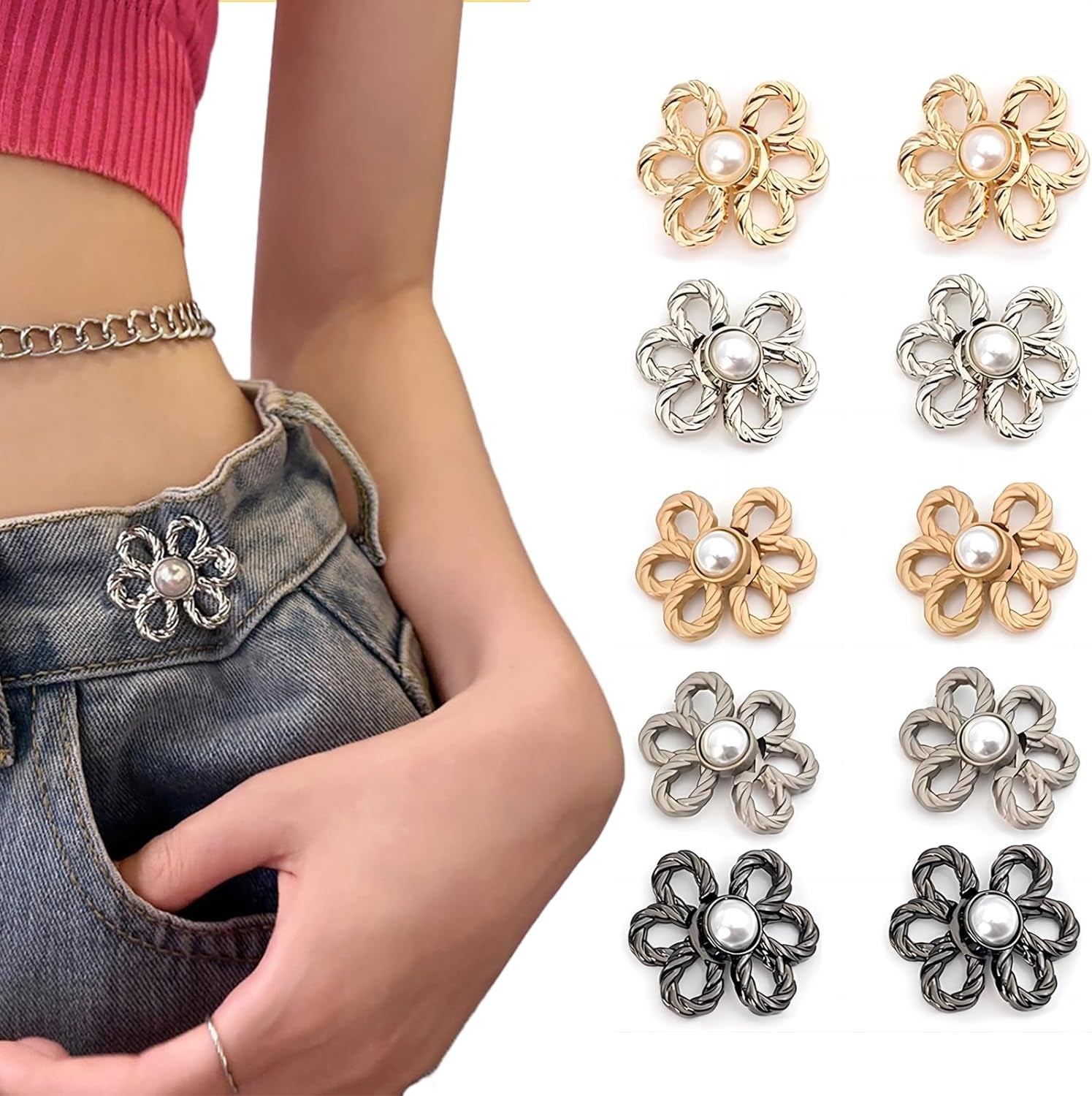 Flower Jeans Button 10 Sets Pant Waist Tightener, Adjustable Waist Buckle Sets No Sew and No Tools Detachable Decorative Waist Buckles, Jean Buttons Pins for Loose Jeans, Pants, Skirts (No Sew)