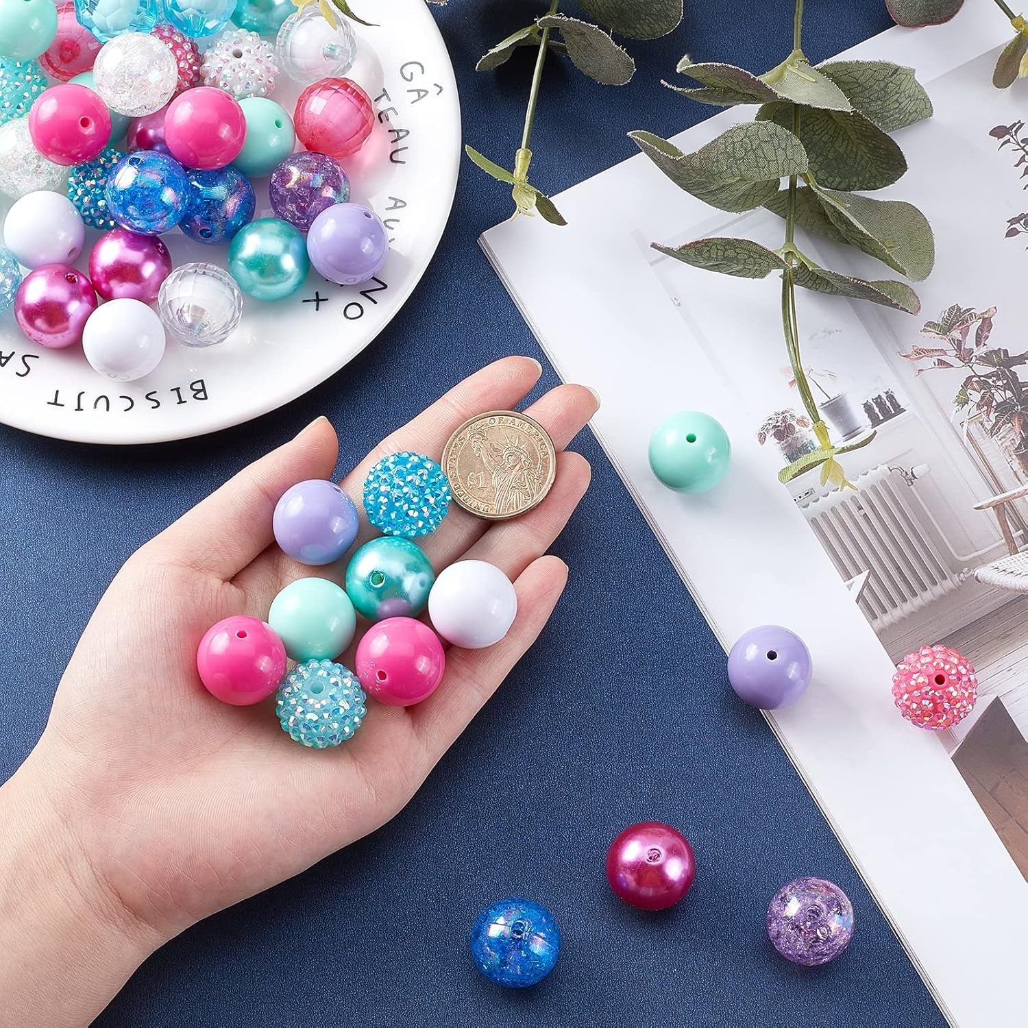 50Pcs Chunk Beads, 20Mm Focal Beads Bubblegum Beads Colorful Pen Beads Large Rhinestone Pearl Beads Loose Beads Spacer Beads for Pen School Jewelry Bracelet Necklace Keychain Craft Making