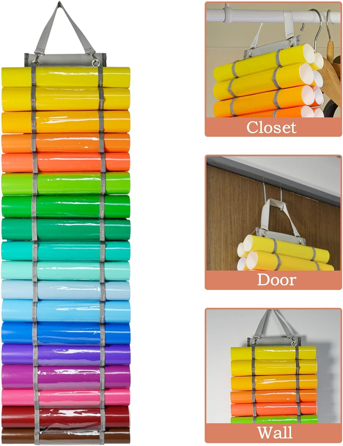 Vinyl Roll Holder - 36 Compartments Vinyl Storage Organizer with 7 Mesh Pockets Storage, Wall Mount/Over the Door Vinyl Roll Storage, with 2 Hooks and 2 Hanging Straps (Grey)