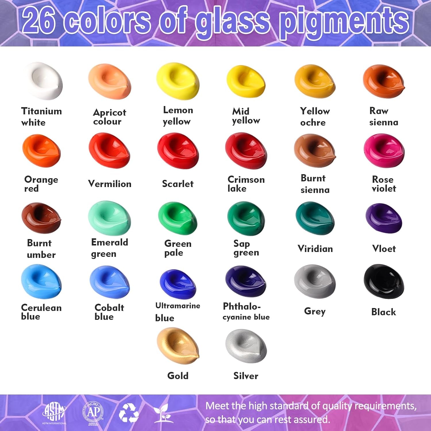 Stain Glass Paint Set with 6 Brushes, 1 Palette & 1 Sponge, 26 Colors Waterproof Permanent Glass Painting Kit for Arts on Wine Glasses,Bottle and Windows