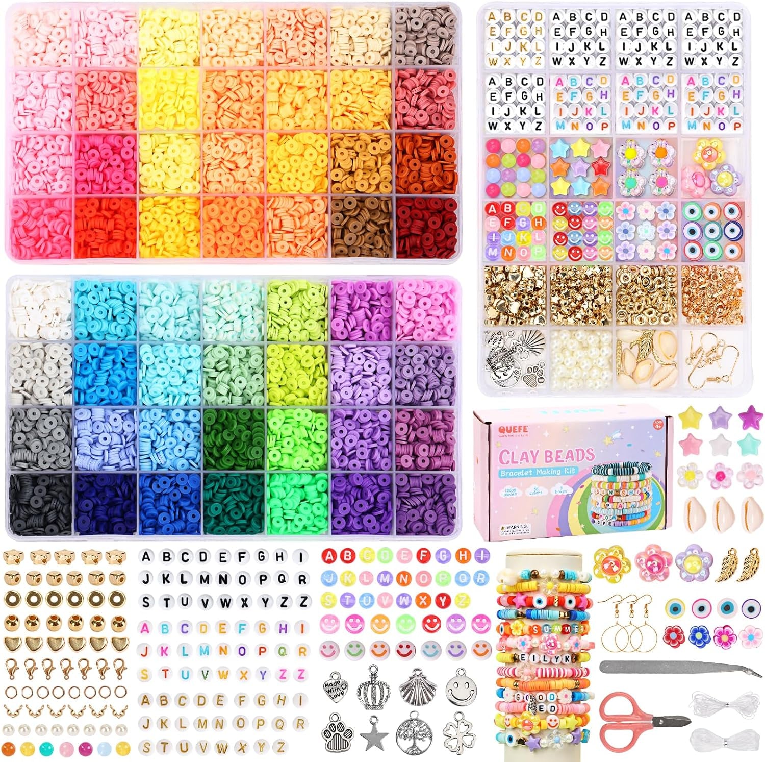 12000Pcs Clay Beads for Bracelet Making, 56 Colors Flat round Polymer Clay Beads Spacer Heishi Beads for Jewelry Making with Trendy Beads, Pendant Charms Kit, Letter Beads and Elastic Strings