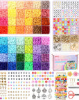 12000Pcs Clay Beads for Bracelet Making, 56 Colors Flat round Polymer Clay Beads Spacer Heishi Beads for Jewelry Making with Trendy Beads, Pendant Charms Kit, Letter Beads and Elastic Strings