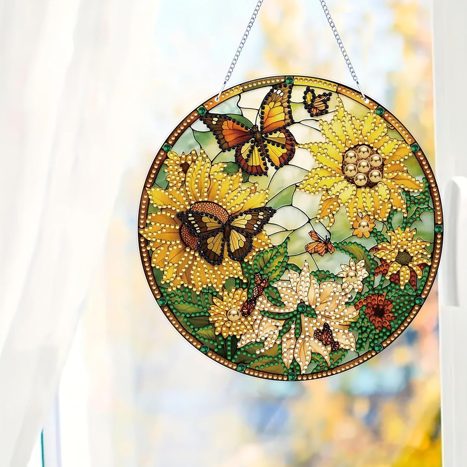 5D Sunflower Butterfly Diamond Painting Kits for Adults Hanging Sign Wall Art Sign Diamond Art Suncatcher Hanging Ornament Home Garden Wall Door Hanging Painting Kits, Yellow