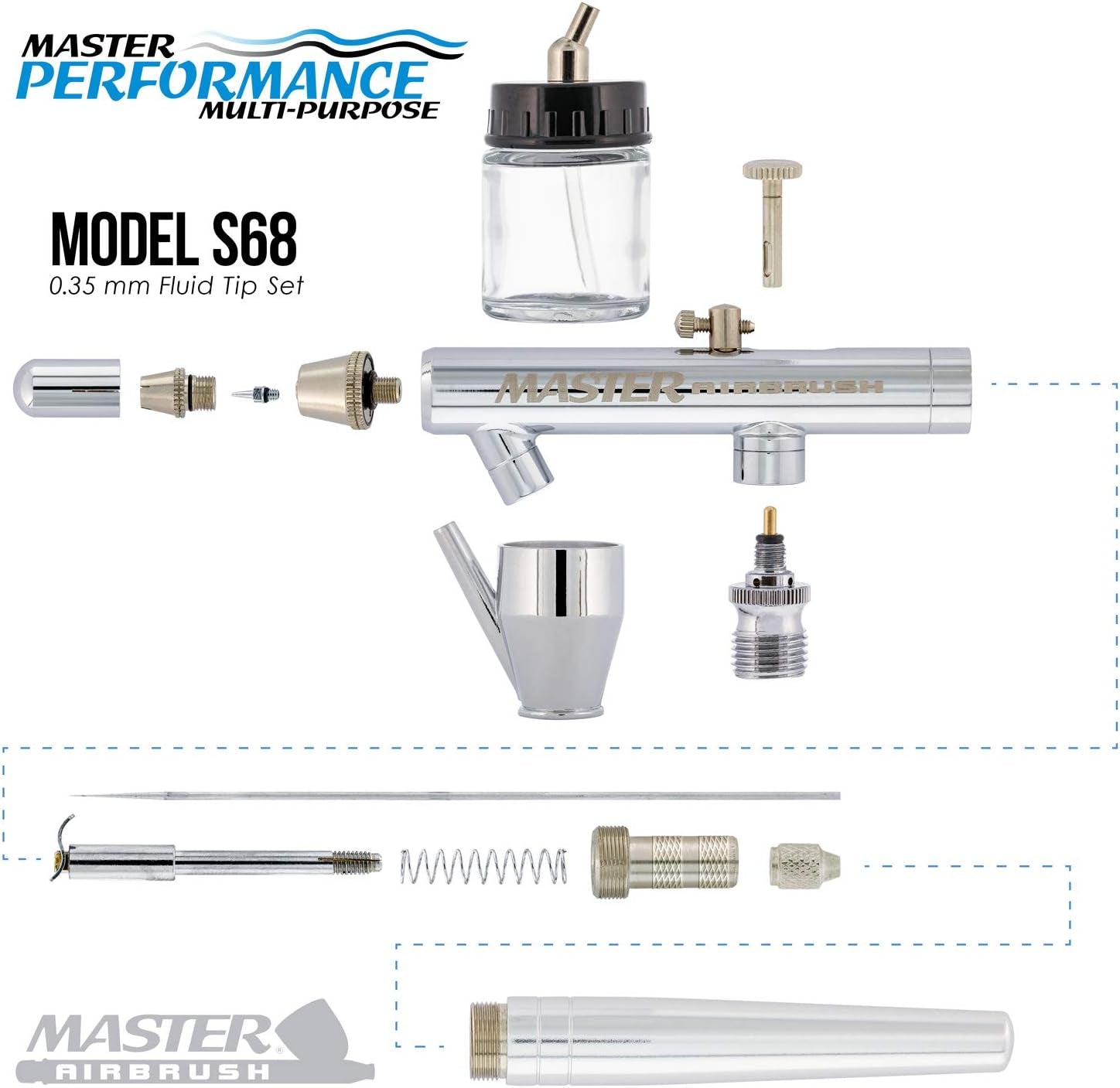 Master Performance S68 Multi-Purpose Precision Dual-Action Siphon Feed Airbrush, 0.35 Mm Tip, 3/4 Oz Fluid Bottle, Color Cup - User Friendly Set Kit - How-To-Airbrush Guide - Auto, Art, Hobby, Cake