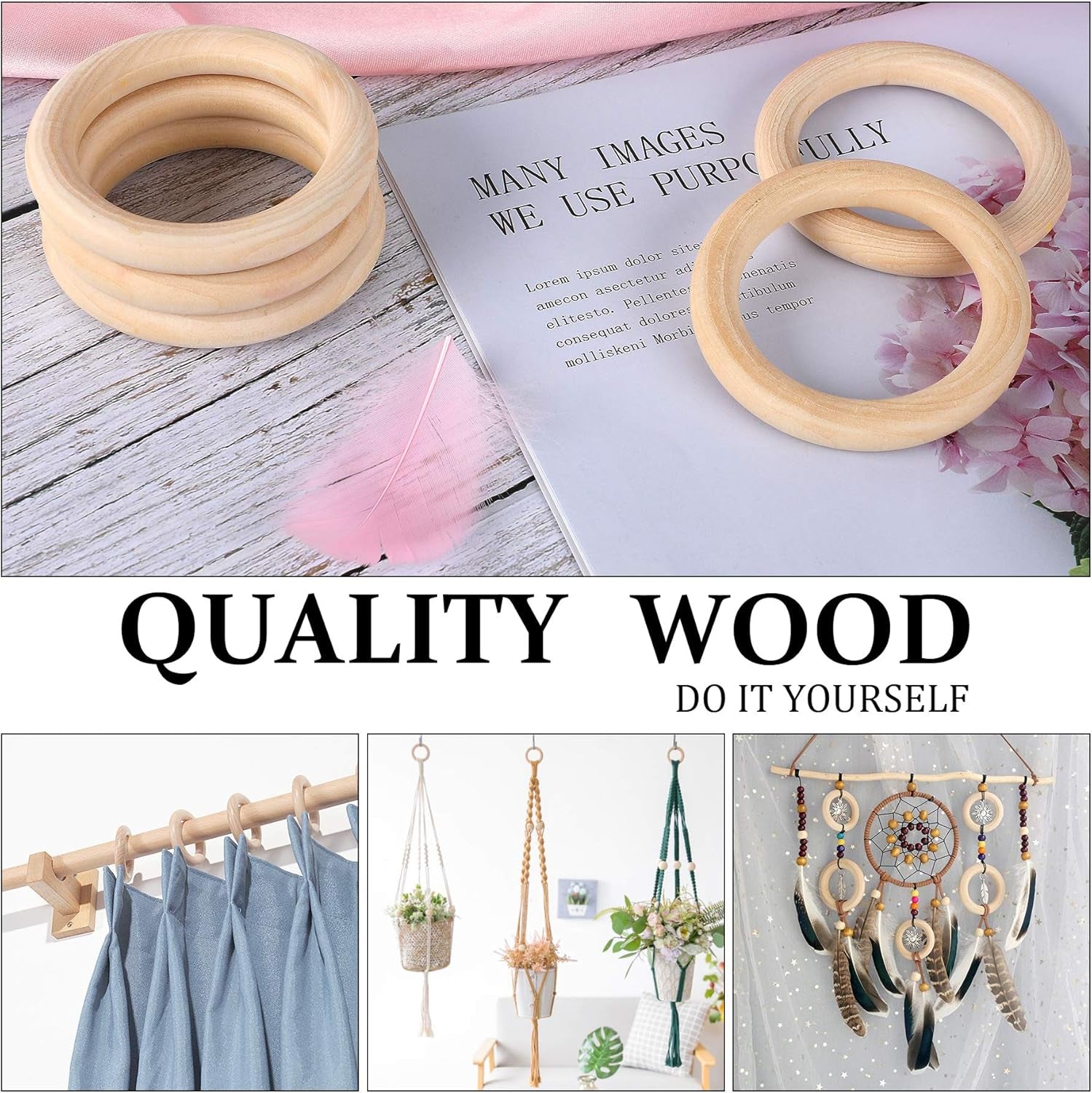 10 Pcs Macrame Wooden Rings, 60Mm/2.4Inch Natural Unfinished Solid Wood Hoops for DIY Craft Pendant Connectors Jewelry Making