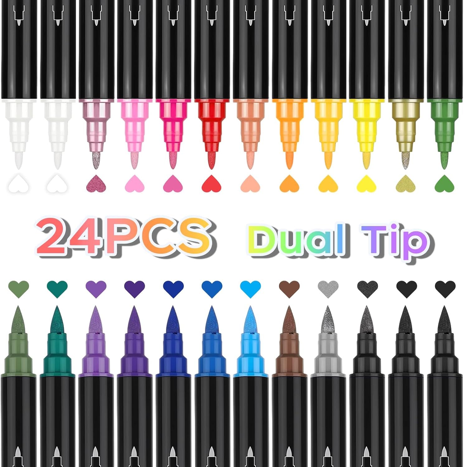 24 Dual Tip Acrylic Paint Pens Markers, Metallic and Extra Black & White Paint Pen with Fine Tip & Brush Tip for Wood, Canvas, Metal, Rock, Glass, Plastic, Ceramic, DIY Crafts Art Projects