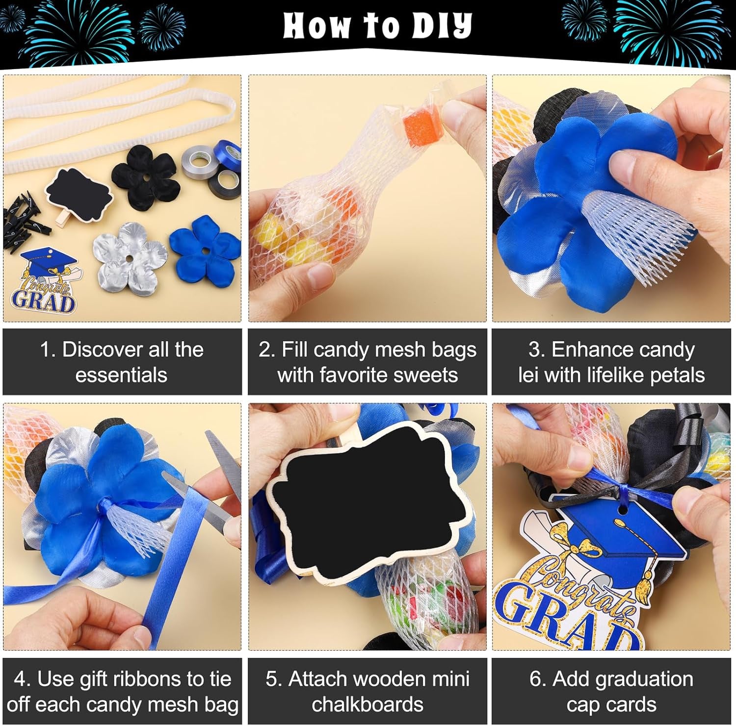 12 Sets 2024 Graduation Candy Lei Making Kit Candy Lei Tubing Include Mesh Poly Tubing 197 Yard Gift Ribbon Grad Petal Clip Mini Chalkboards Grad Cap Card for Crafts Graduation Party Gift, Blue