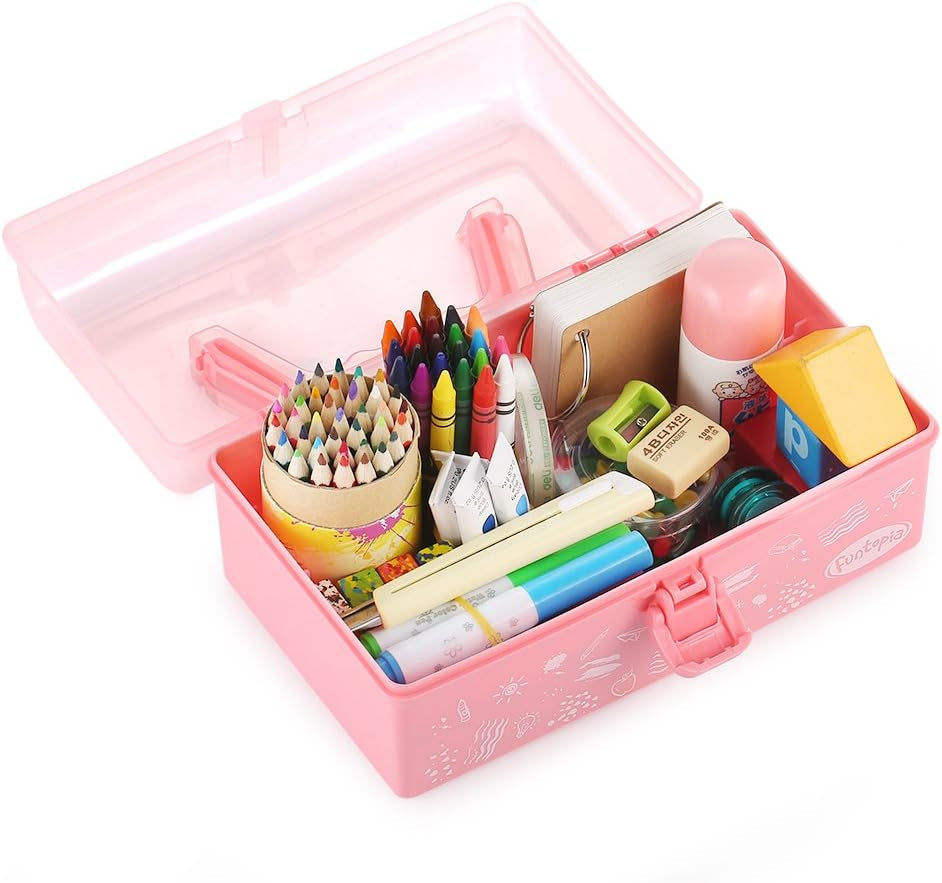 Plastic Art Box for Kids - Portable Multi-Purpose Storage Box for Toys, Crafts, Art Supplies - Pink