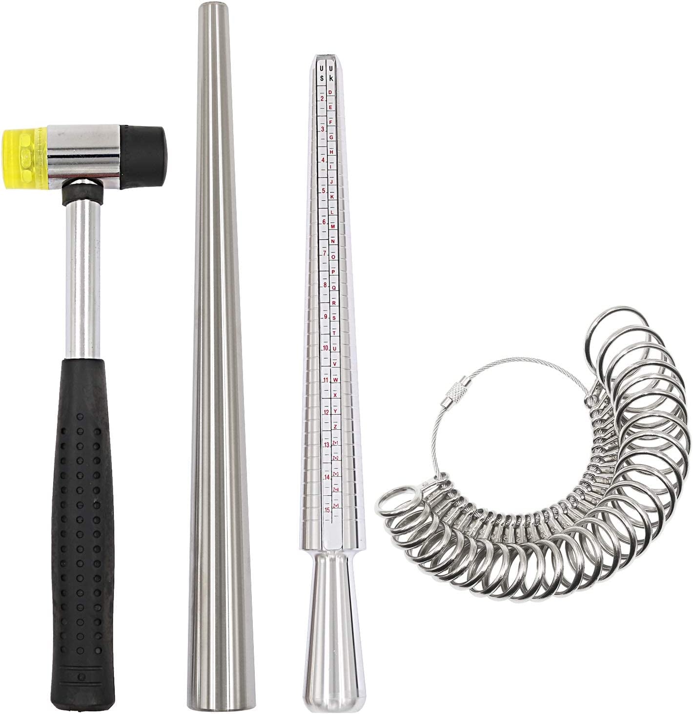 Ring Sizer Mandrel Measuring Tool Steel Ring Sizing Gauge Sizers Set Rubber Jeweler'S Mallet Hammer Metal Finger Size Stick Wire Wrap Rings Tools Jewelry Making Kit