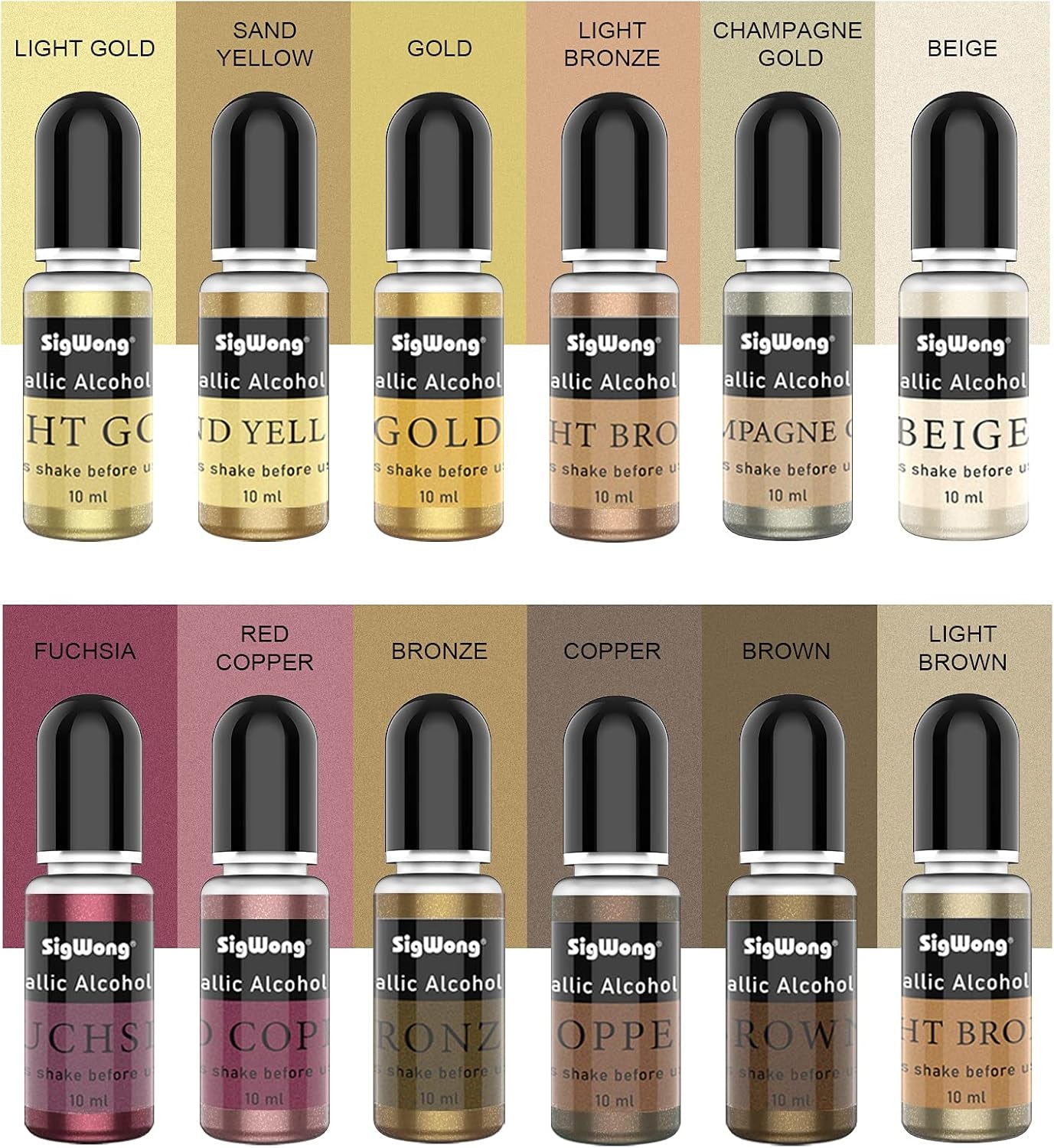 Metallic Alcohol Ink Set - 24 Metal Color Alcohol-Based Ink, Shimmer Mixatives Epoxy Resin Paint Colour Dye Great for Resin Petri Dish, Yupo, Coaster, Painting, Tumbler Cup Making(10Ml Each)