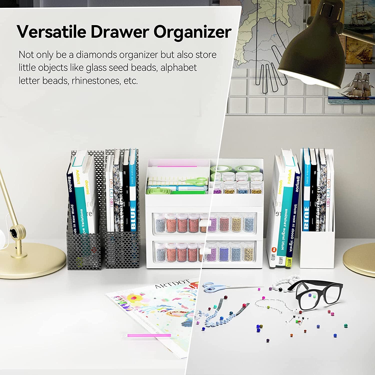 Storage Containers for Diamond Painting Accessories, 2 Drawers with 96 Slots Bead Storage Bottles and Diamond Art Accessories and Tools Rack