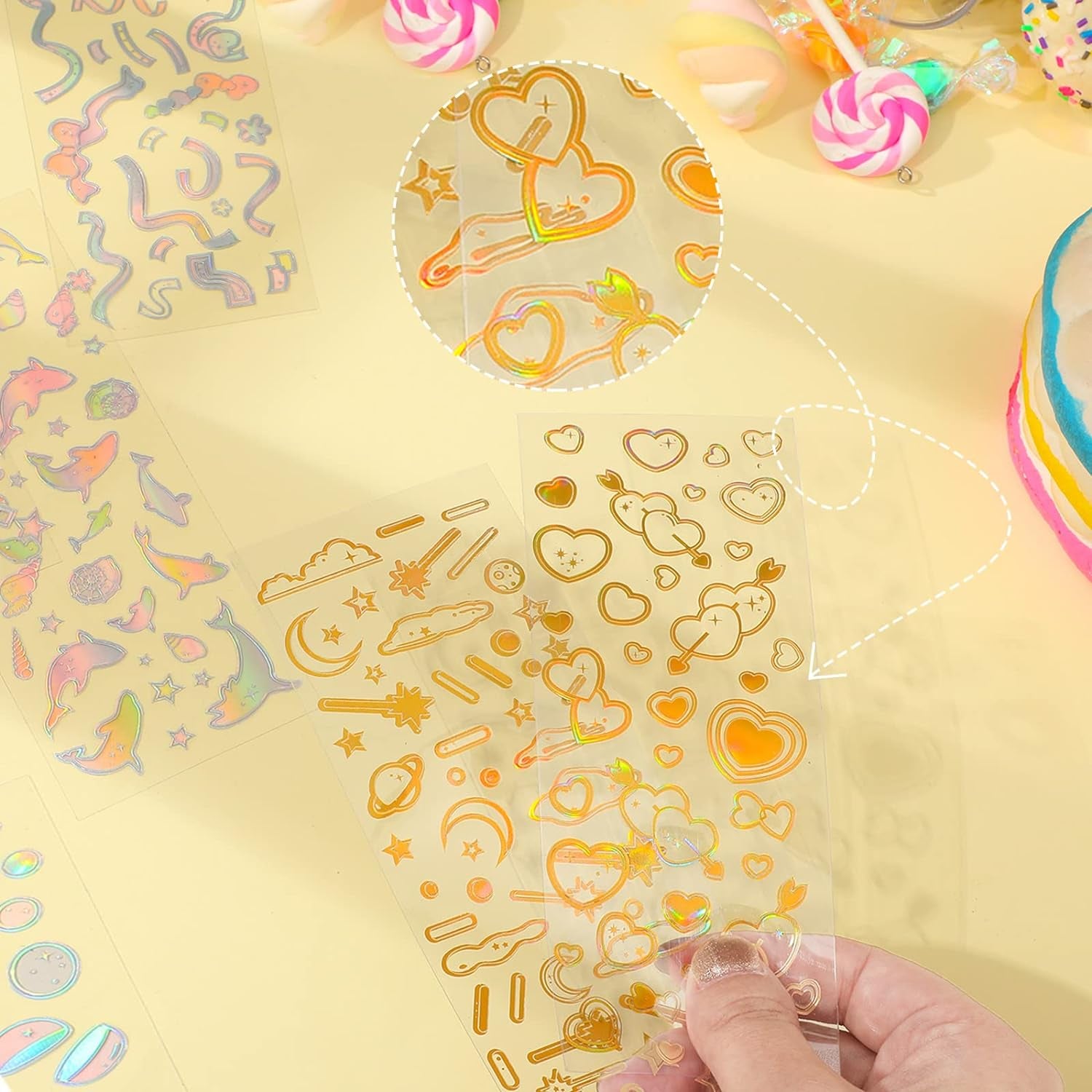 18 Sheets Scrapbook Kpop Stickers Adhesive Decor Shinny Korean Stickers for Photocards Butterfly Star Moon Waterproof Cute Stickers for Scrapbooking Planner Diary Decoration (Gold, Silver, Heart)