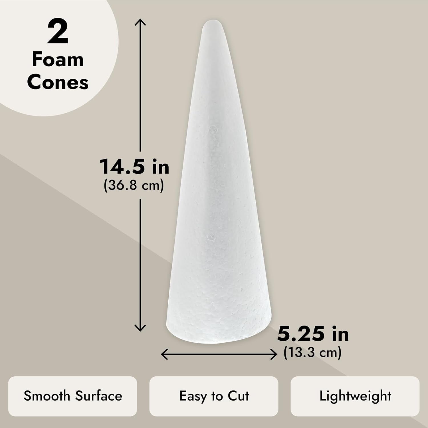 2 Pack Foam Cones for Crafts, DIY Art Projects, Handmade Gnomes, Trees, Holiday Decorations (5.25X14.5, White)