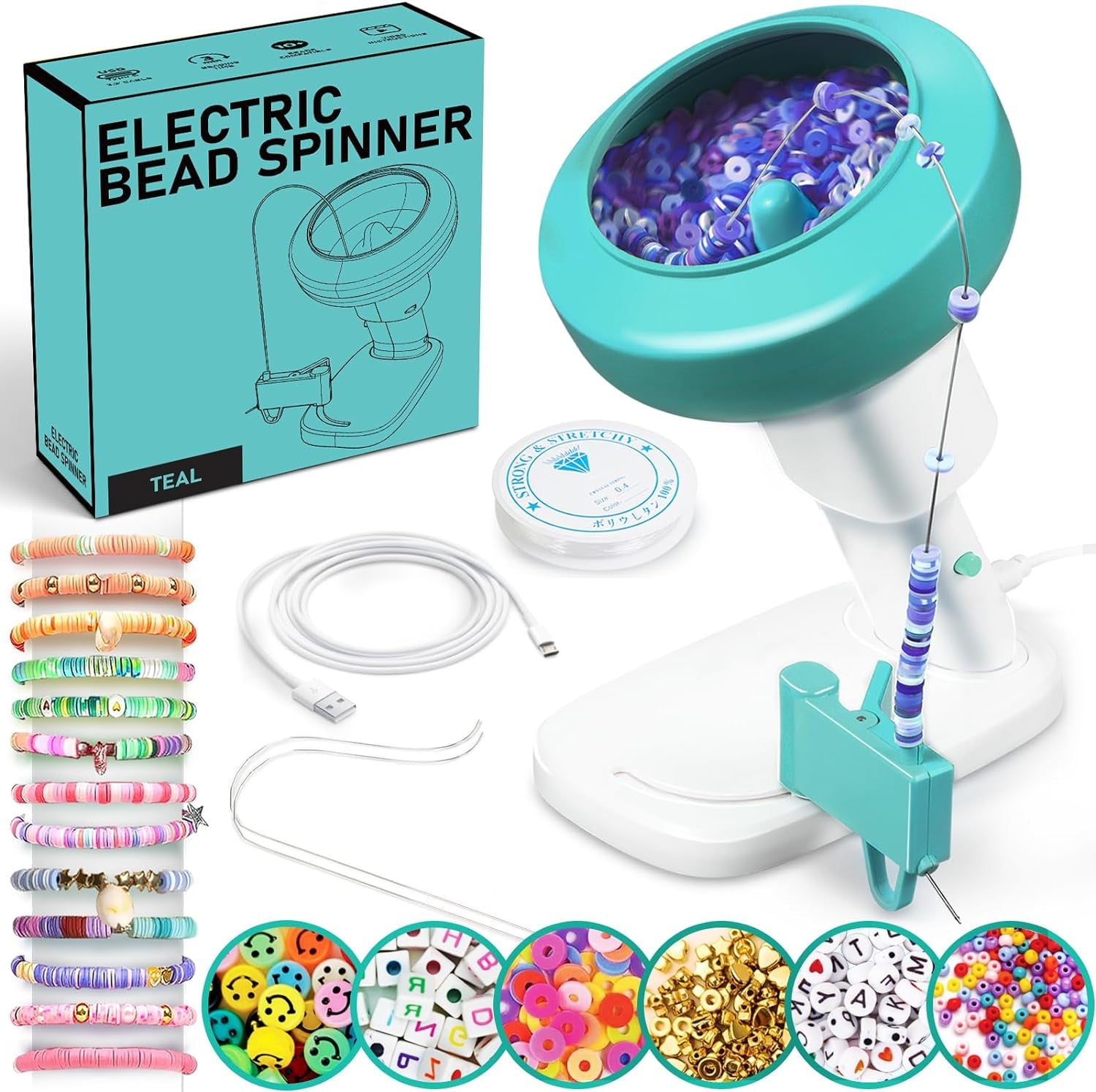Electric Bead Spinner for Bracelet Making Kit, Clay Bead Bracelet Kit Essentials, Bead Spinner Needles Included, Easy Friendship Jewelry Bracelet Making,Applicable for Different Kind of Beads