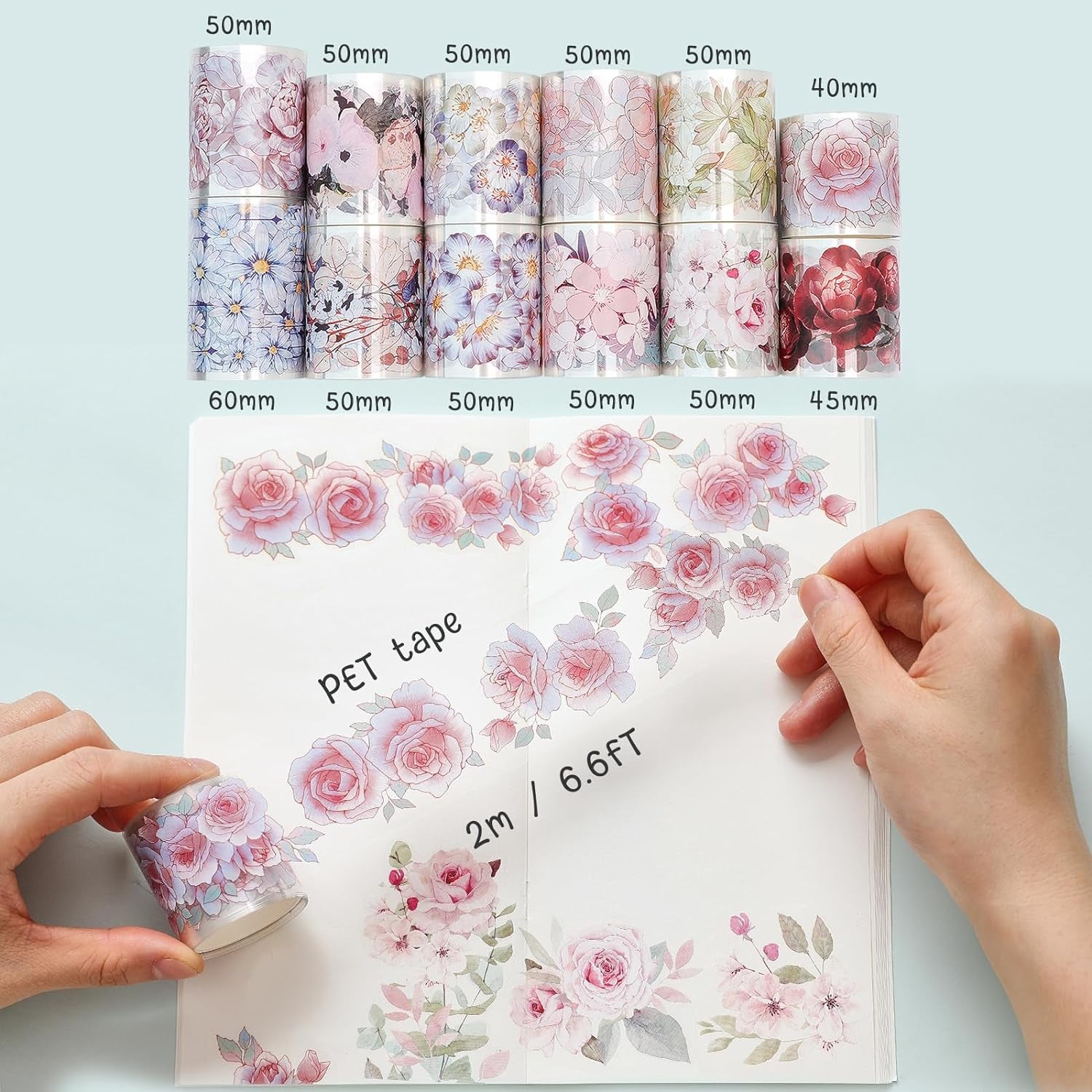 Floral Washi Tape Set - 12 PET &amp; Washi Tapes for Journaling Stickers, Scrapbooking Supplies, Planner, Bullet Journals,Arts &amp; Crafts. Use as Stickers