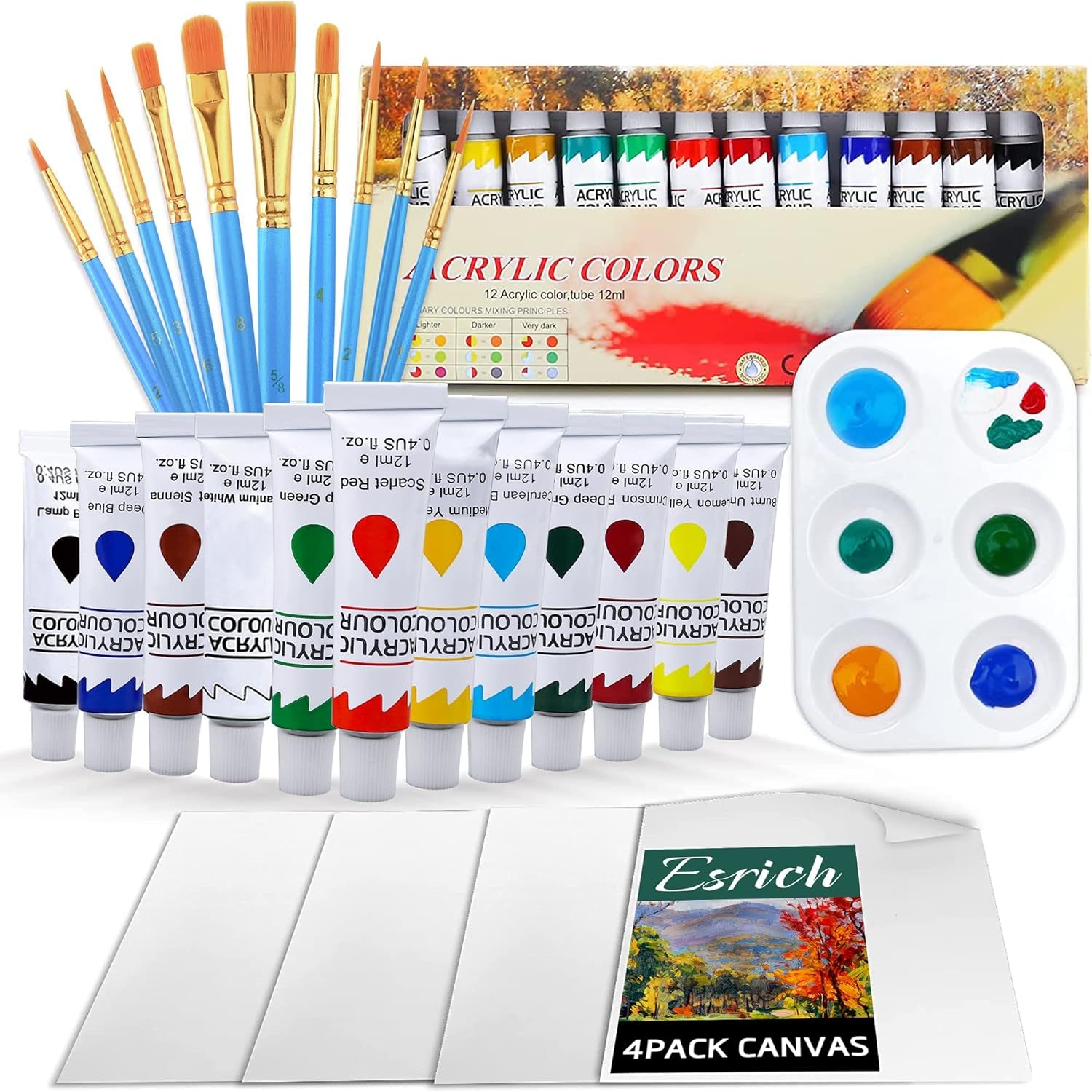 Acrylic Painting Set with 1 Packs / 10 PCS Nylon Hair Brushes 12 Color Tubes (12Ml, 0.4 Oz) 1 PCS Paint Plate and 4 PCS Canvas for Acrylic Painting Artist Professional Kits