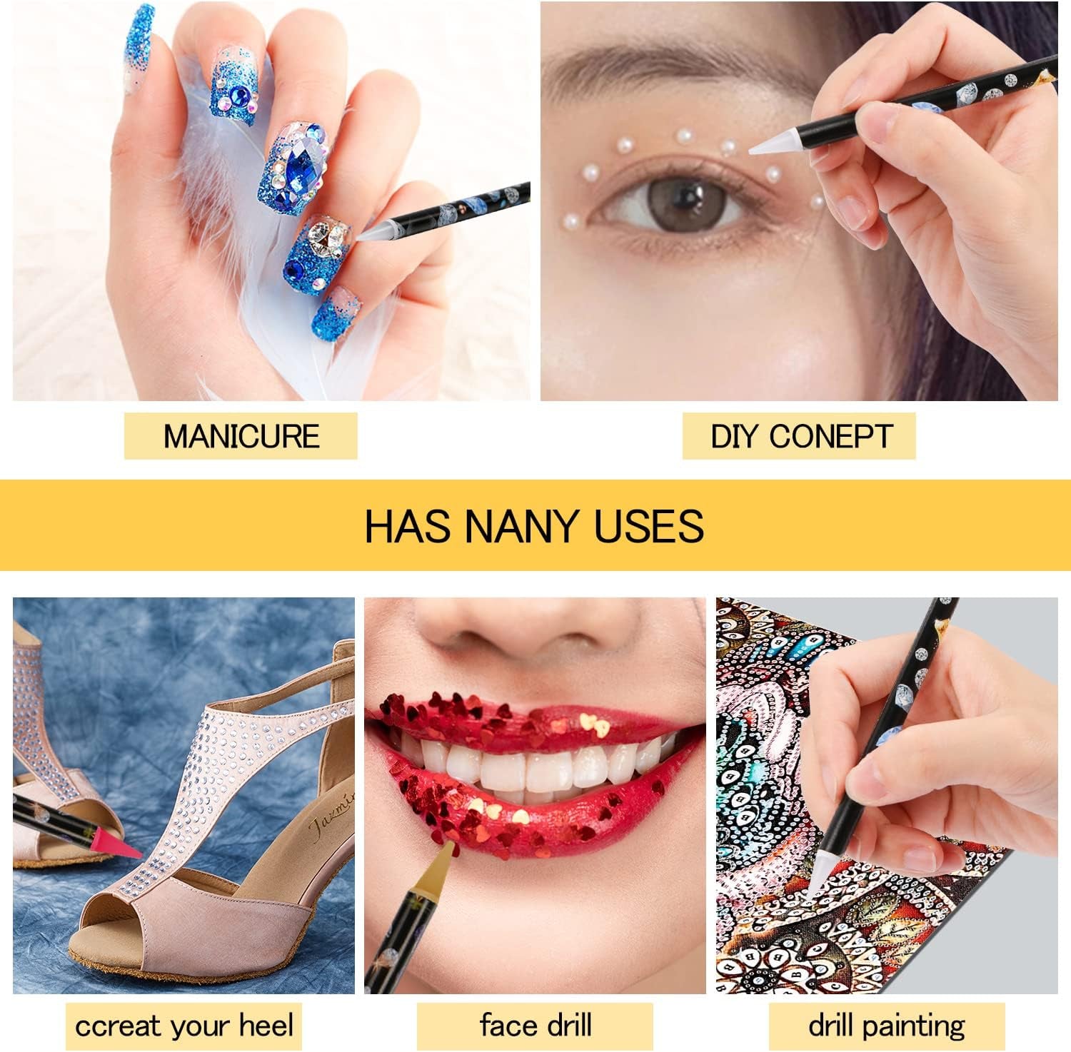 9 Pcs Diamond Painting Pen Rhinestone Picker Pencil Set Self Adhesive Nail Dotting Wax Pen with Pencil Sharpener Resin Point Drill Pens 5D Crystal Gem Pick up Tools DIY Nail Art Accessories