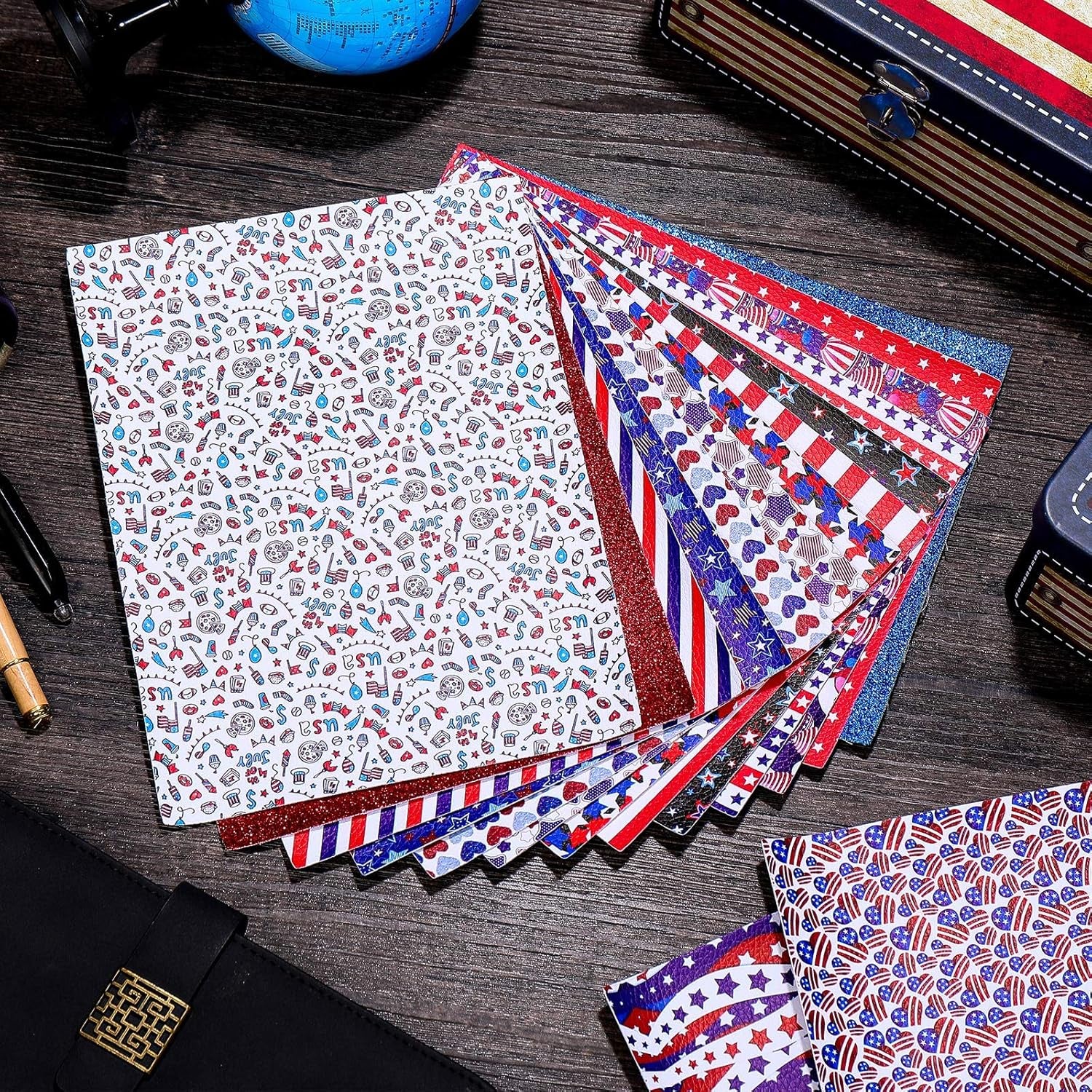 15 Pieces Labor Day American Flag Faux Leather Sheets Glitter Sequins Synthetic Leather Sheets DIY Faux Leather Fabric Making Earrings Bows DIY Crafts, 8.3 X 6.3 Inch (Classic Style)