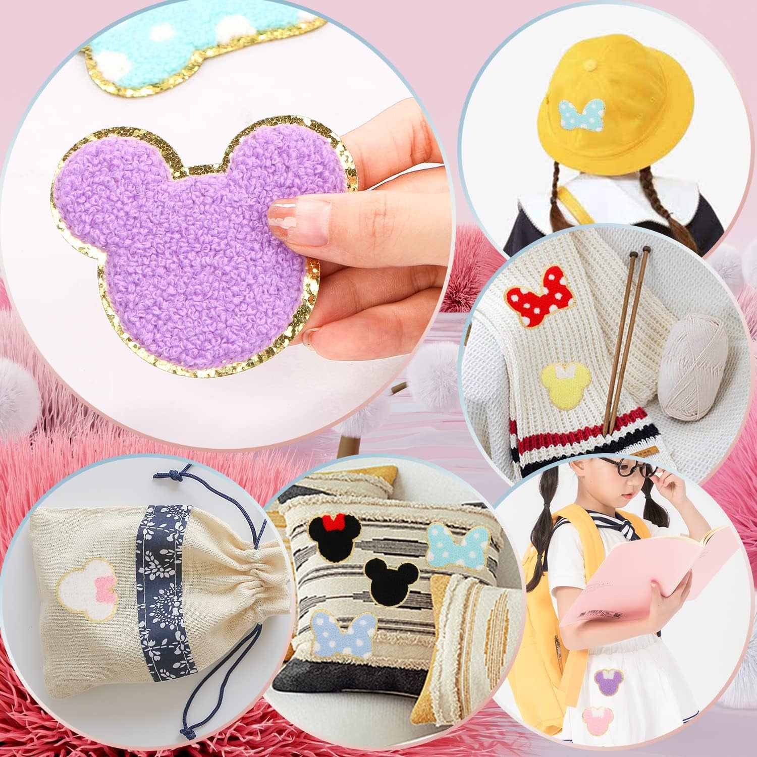 18PCS Colorful Bowknot Mouse Chenille Iron on Patches,  Cute Bow Mouse Head Embroidered Patches Set Sew on Embroidered Applique Patches Gold Trim Iron on Patches for Clothing DIY