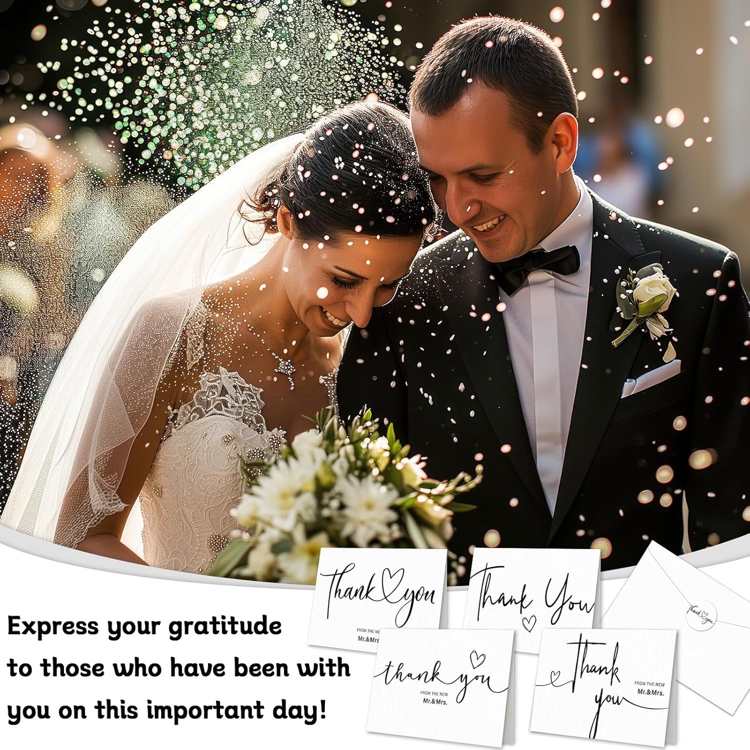 50Sets Wedding Thank You Cards with Envelopes and Stickers 4 Designs Mr and Mrs Thank You Notes Bulk Wedding Gift Cards Thank You Cards for Guests Wedding Party Decor Supplies 6 X 4 Inch