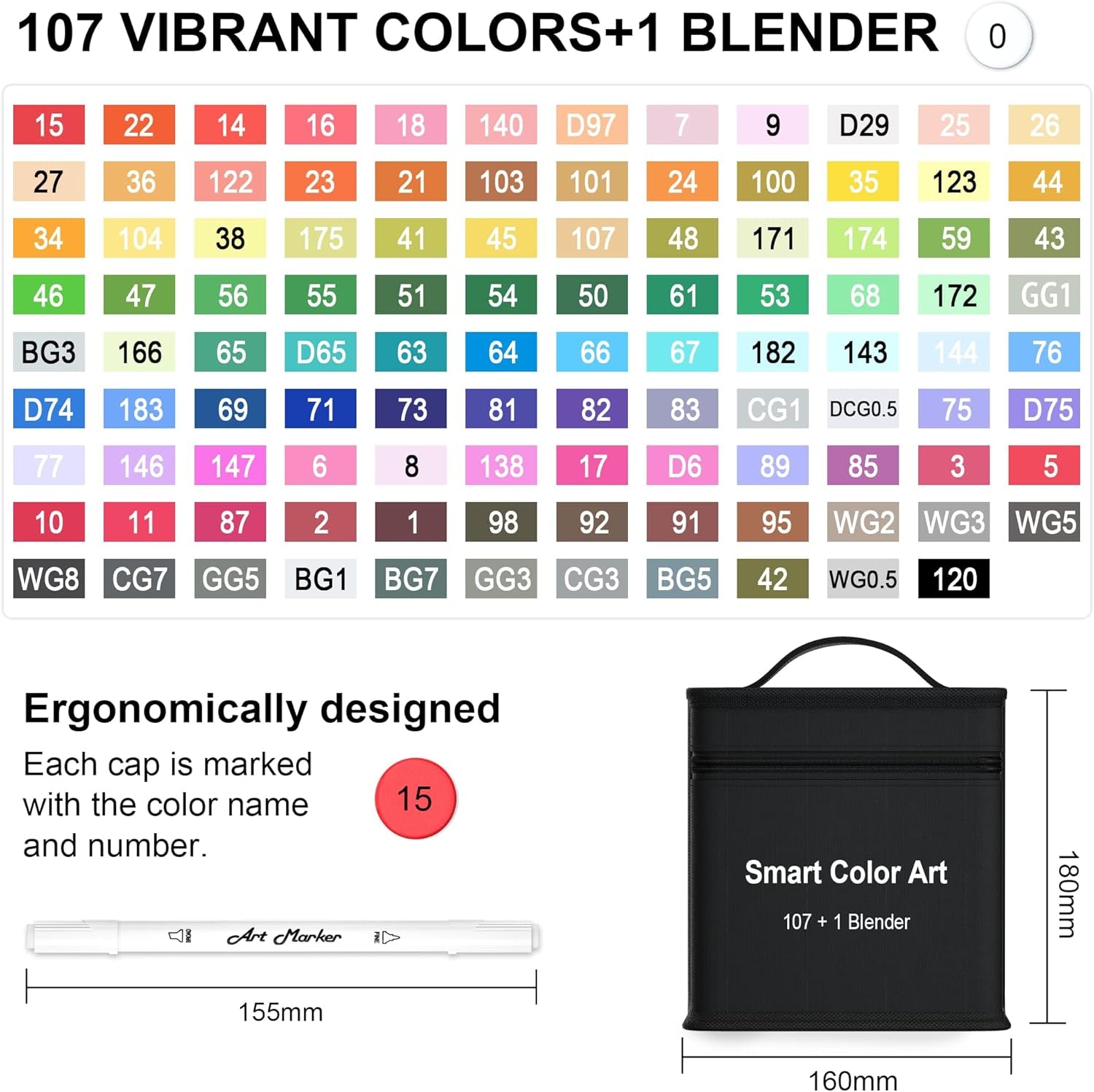 108 Pack Art Markers, 107 Coloring Markers and 1 Blender, Alcohol Based Dual Tip Permanent Markers Highlighters with Case, Excellent for Adults Kids Marking Drawing Sketching by