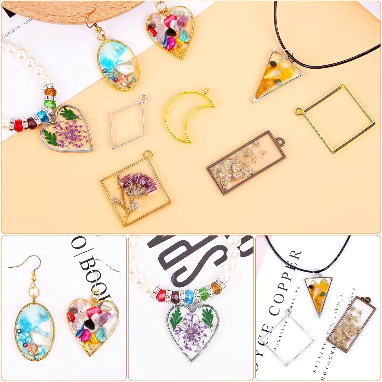 Open Bezels for Resin,80 Pcs of Resin Casting Frame Pendant, Open Frame Pendant, Open Back Frame Pendant, Geometric Hollow Mold Pendant, Frame Pendants for Earrings, Necklace, Bracelet, DIY Crafts