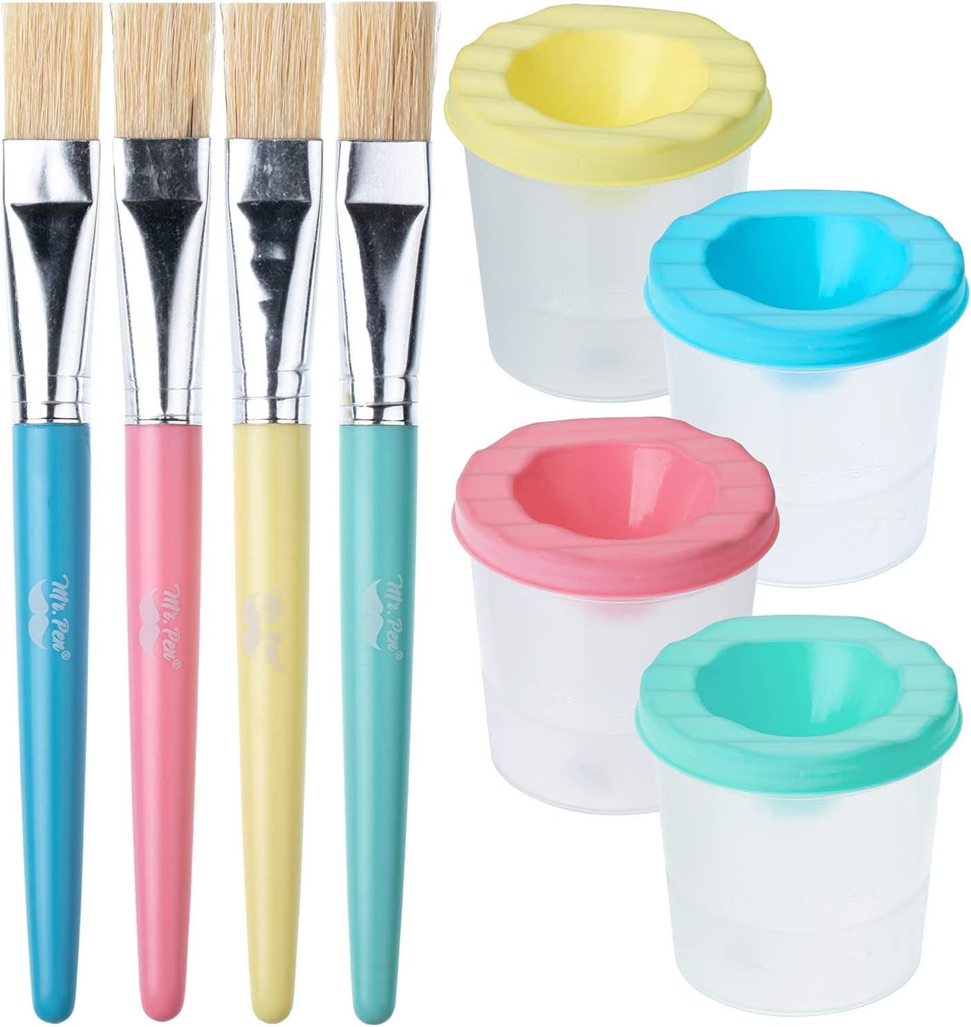 - No Spill Paint Cups with Pastel Colored Lids, 4 Pcs with 4 Paint Brushes, Paint Containers with Lids, Paint Cups with Lids for Kids, Paint Cups for Painting, Spill Proof Paint Cups for Kids