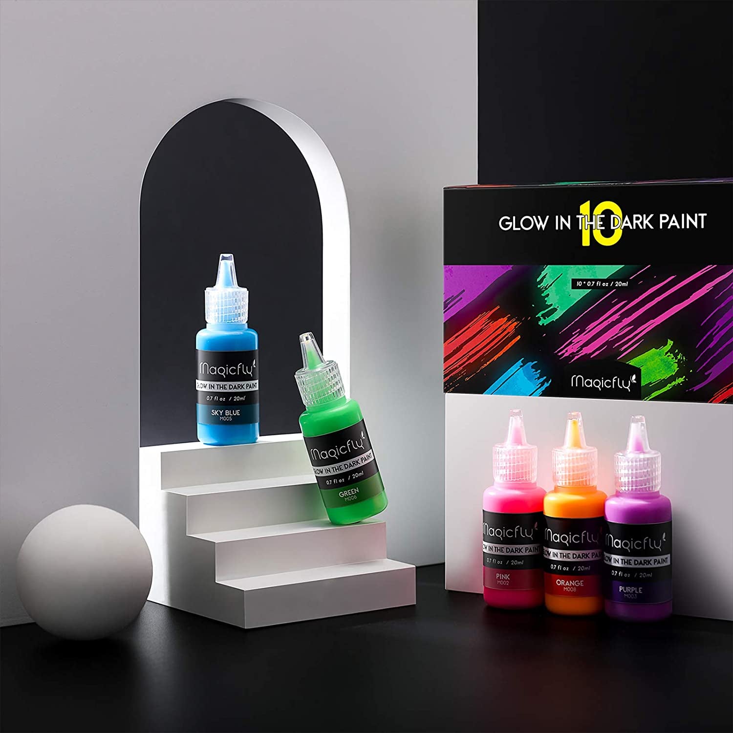 Acrylic Glow in the Dark Paint, 10 Bright Colours Liquid Luminous Paint, Neon Paints Glow in Dark for Painting, Halloween Decoration, DIY Crafts, 20 Ml Each