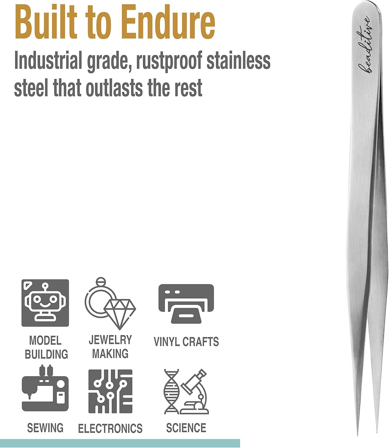 High Precision Tweezers 3 Pack - 4.7" Craft Tweezers for Sewing, Beading & DIY Crafts - Non-Serrated Jewelry Tweezer Set with Fine Point Tips - Stainless Steel Needle Nose Hobby Tweezers