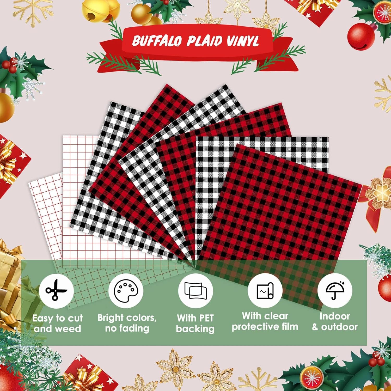 Buffalo Plaid Permanent Adhesive Vinyl-6 Sheets 12"X12" Buffalo Plaid Vinyl &amp; 2 Sheets Transfer Tape, Permanent Vinyl for Cricut Machine, Pattern Vinyl for Christmas