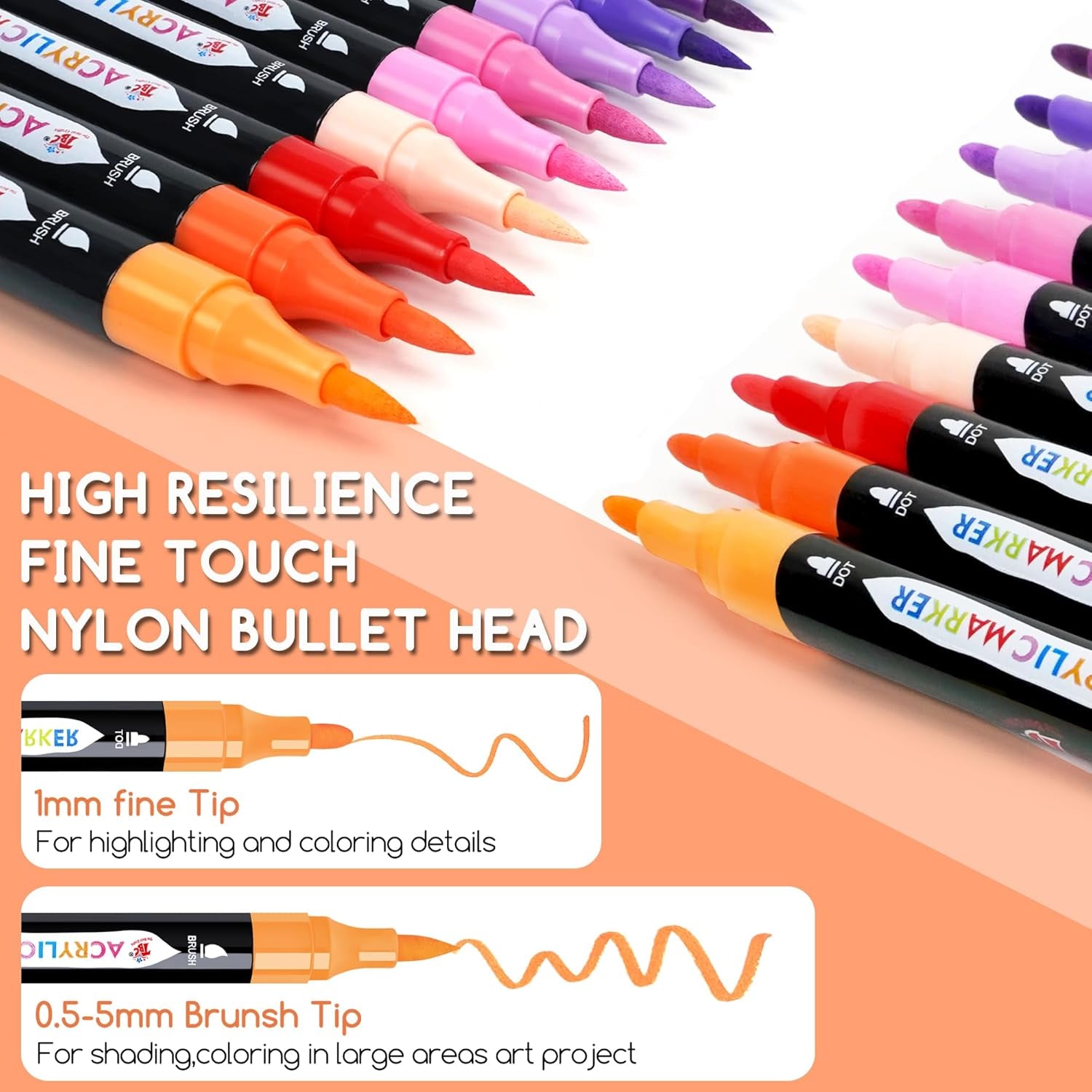 24 Colors Dual Tip Acrylic Paint Markers,Waterproof, Non-Toxic, Odorless, Suitable for Paper, Pottery, Stones, Backpacks, Glass